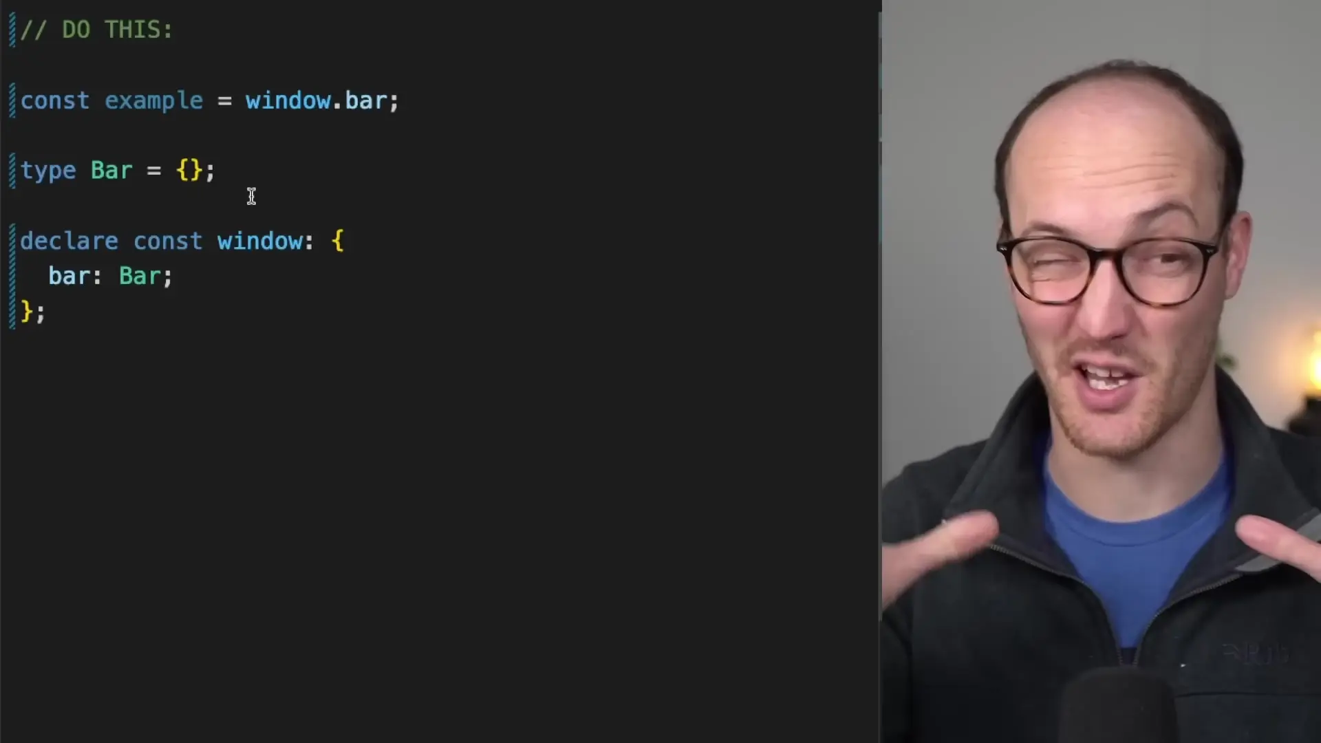 Advanced TypeScript global declarations showing how to create and use custom types for window.bar properties with proper type checking
