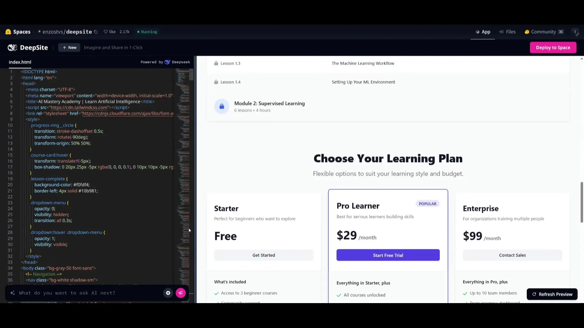 AI course website generated by Deep Sight showing comprehensive layout and functional course tracking features
