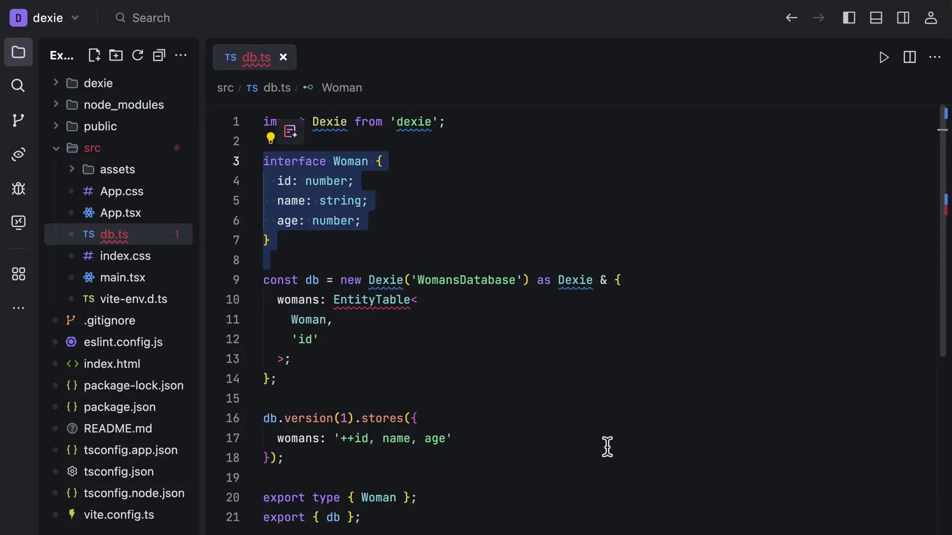 TypeScript implementation of Dexie.js showing database schema definition with interfaces for type safety and structured data storage