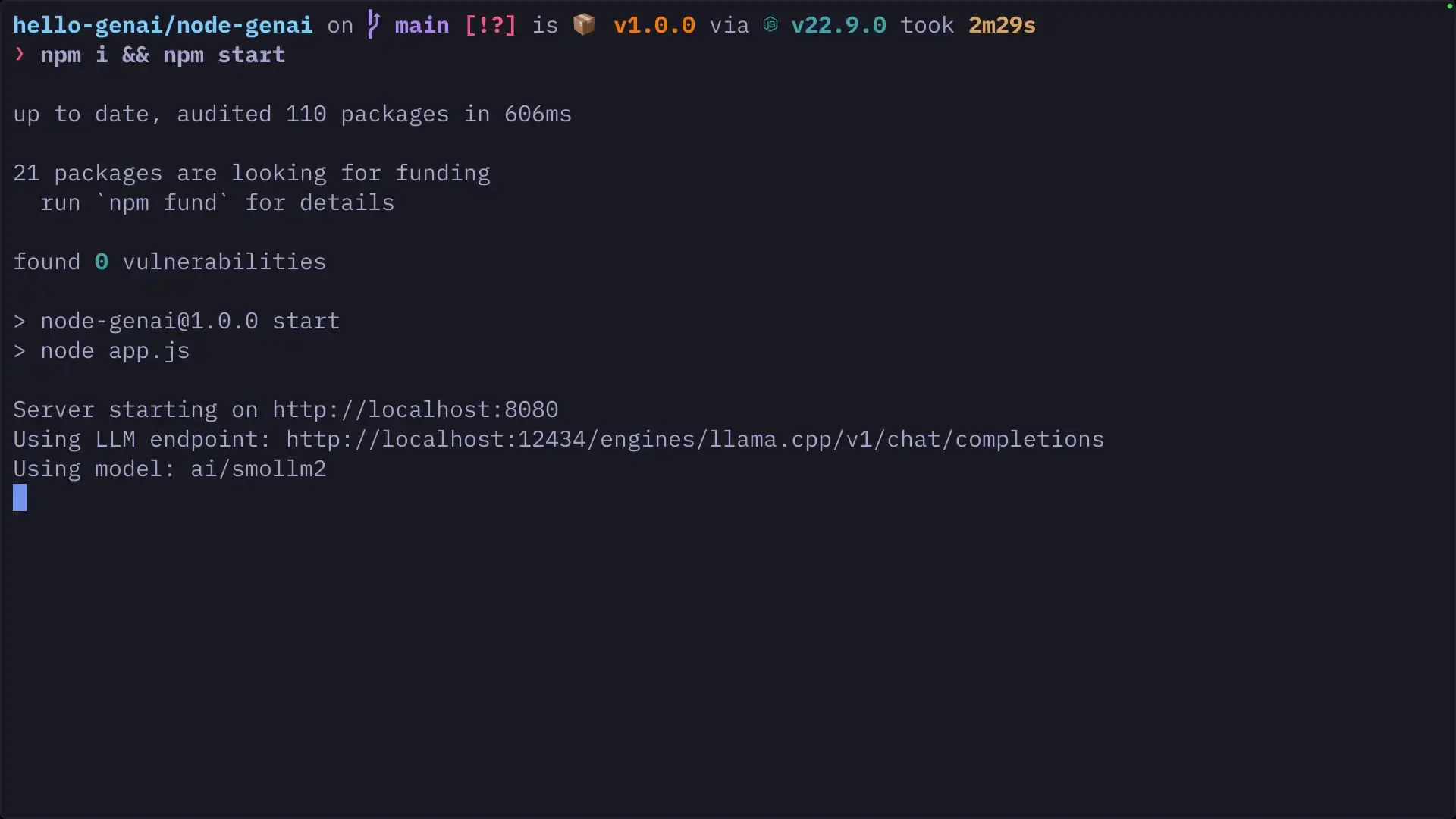 Terminal showing a Node.js application connecting to Llama.cpp through Docker Model Runner, demonstrating how local AI models can be integrated into applications