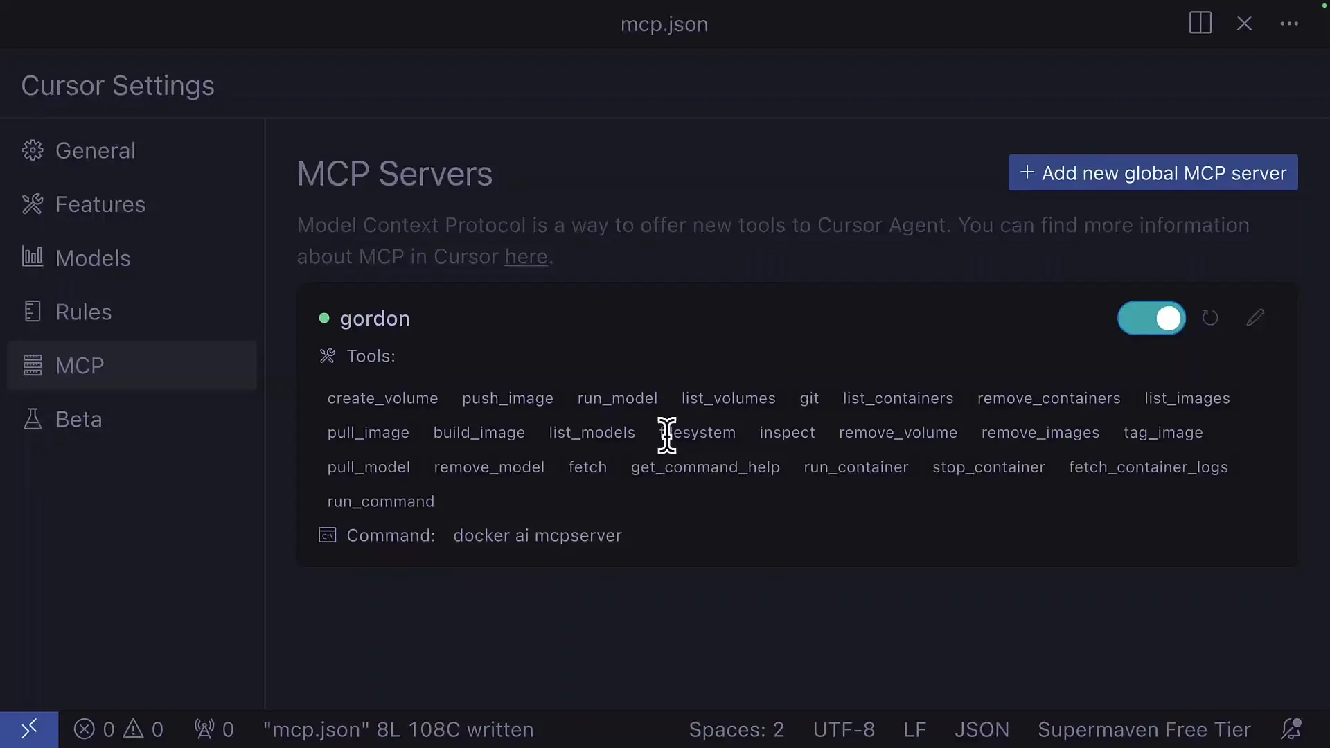 Docker's MCP Servers interface showing Gordon AI agent's extensive integration capabilities with various container management and AI model tools