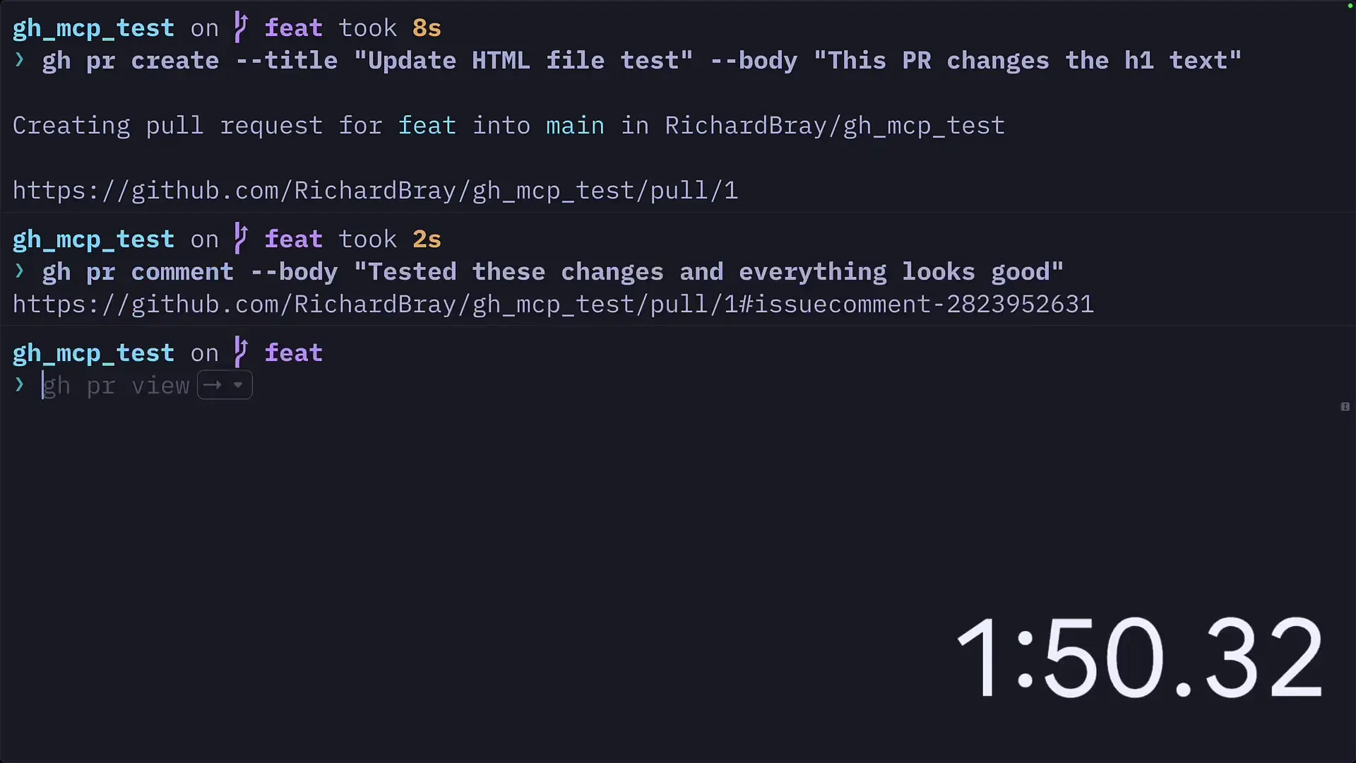 Traditional Git command workflow completed all repository tasks efficiently in under 2 minutes