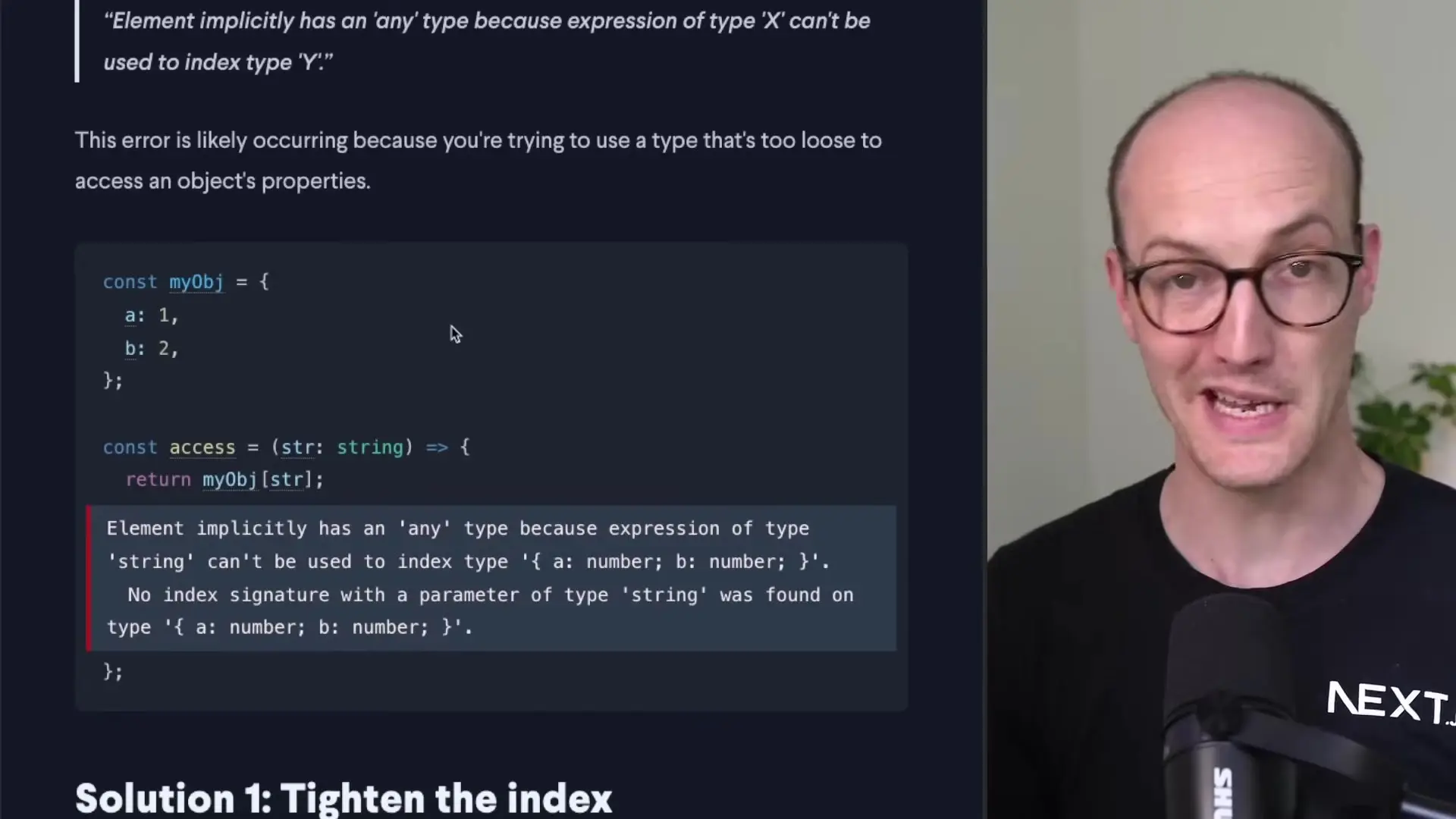 TypeScript error message when attempting to access object properties with string index