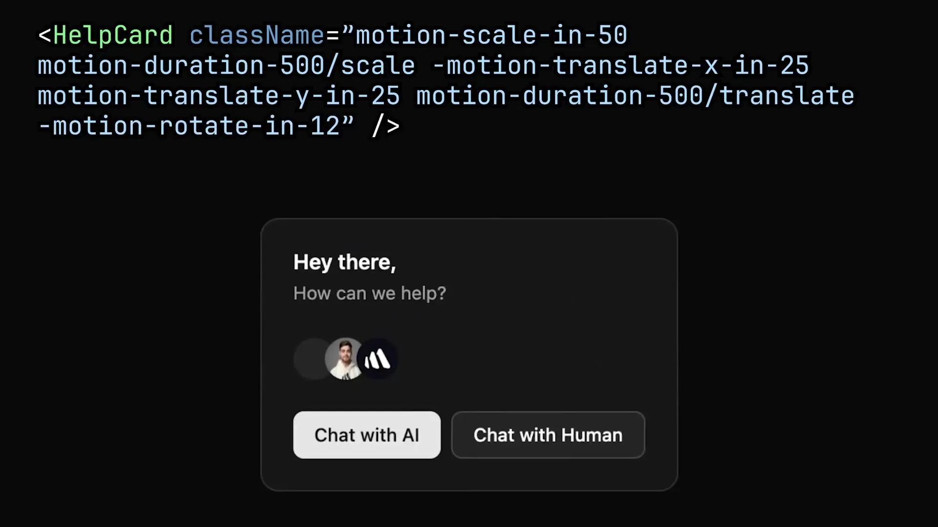 Example code showing how to implement complex animations on a help card component using Tailwind Motion's utility classes