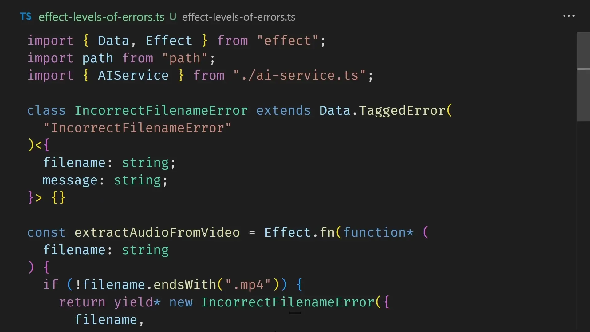 Effect tracks both success values and potential errors in the function signature