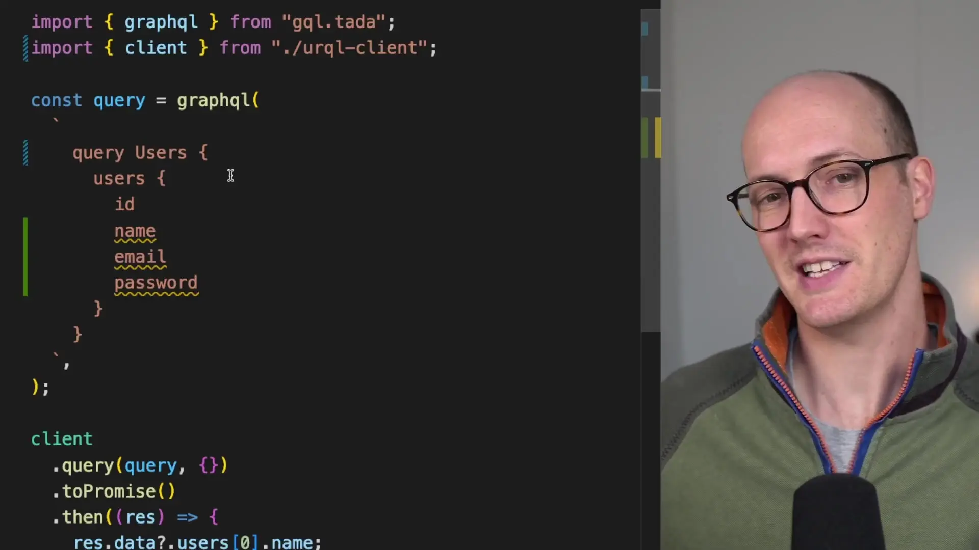 Code example showing a fully typed GraphQL query with GQL.tada providing instant type checking and autocomplete
