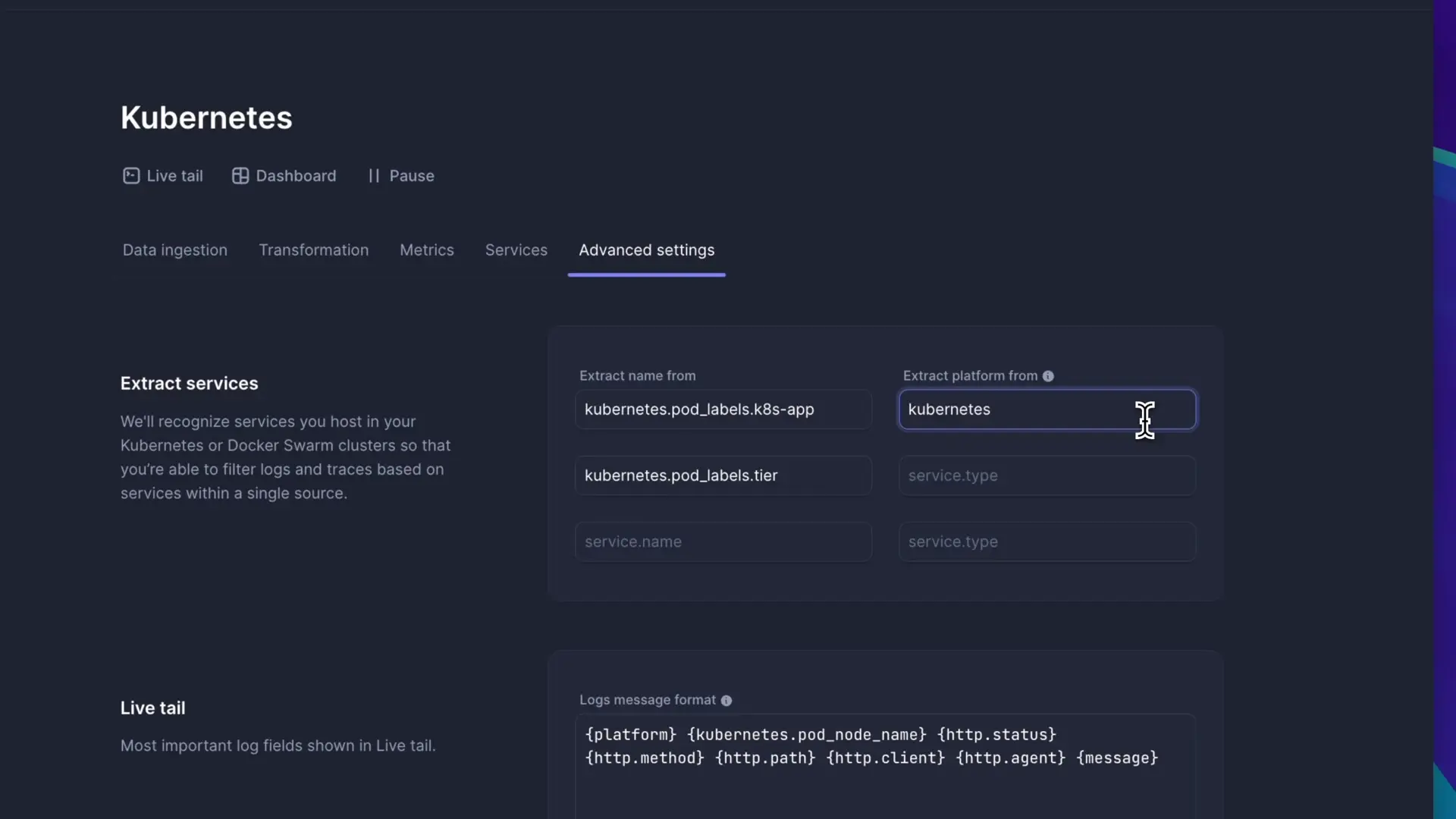 Advanced settings configuration panel showing how to set up automatic service discovery based on log field values