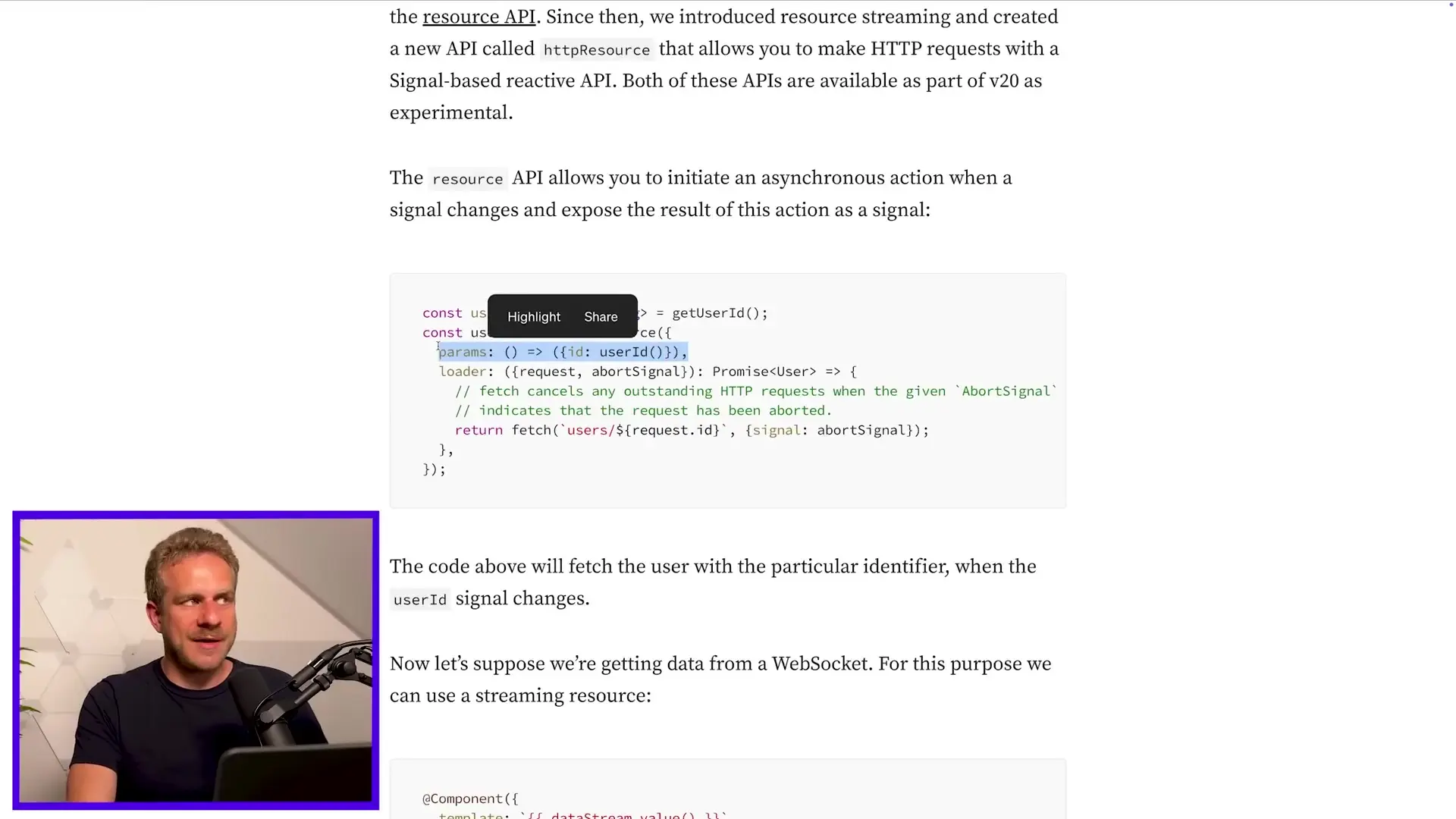 The resource() function accepts signal parameters that trigger data fetching when values change
