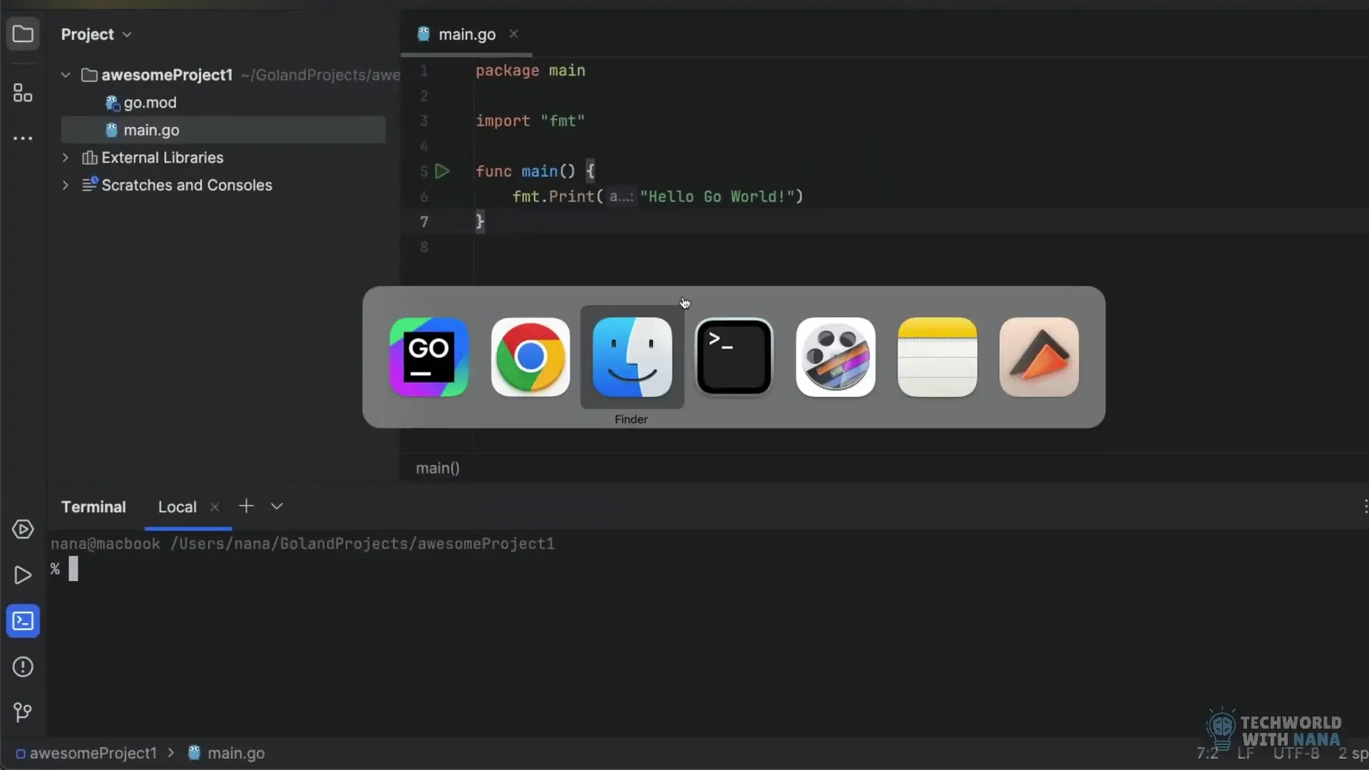 Starting with the basics: A simple Go program showing the classic Hello World example with Go's clean and readable syntax