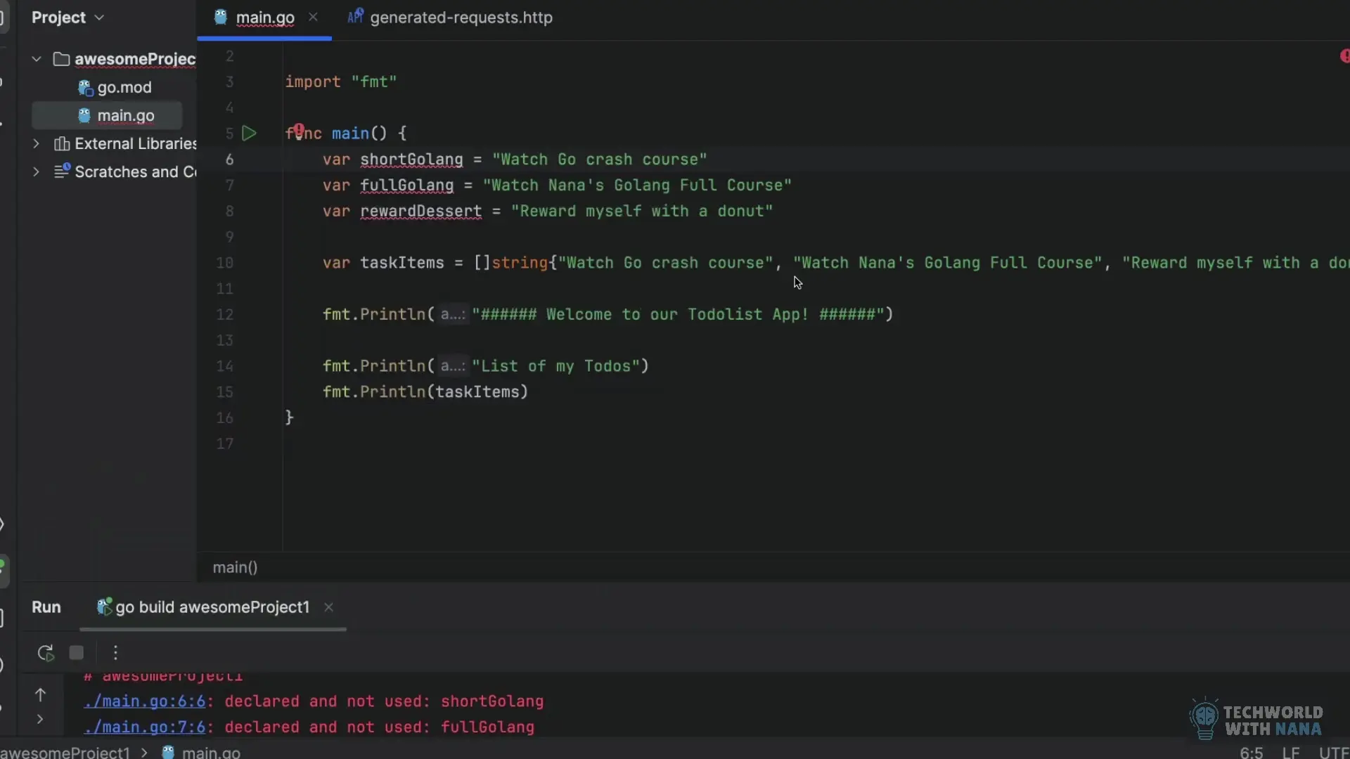 Our TodoList application taking shape with Go's struct definitions, variables, and fmt functions for displaying the list items