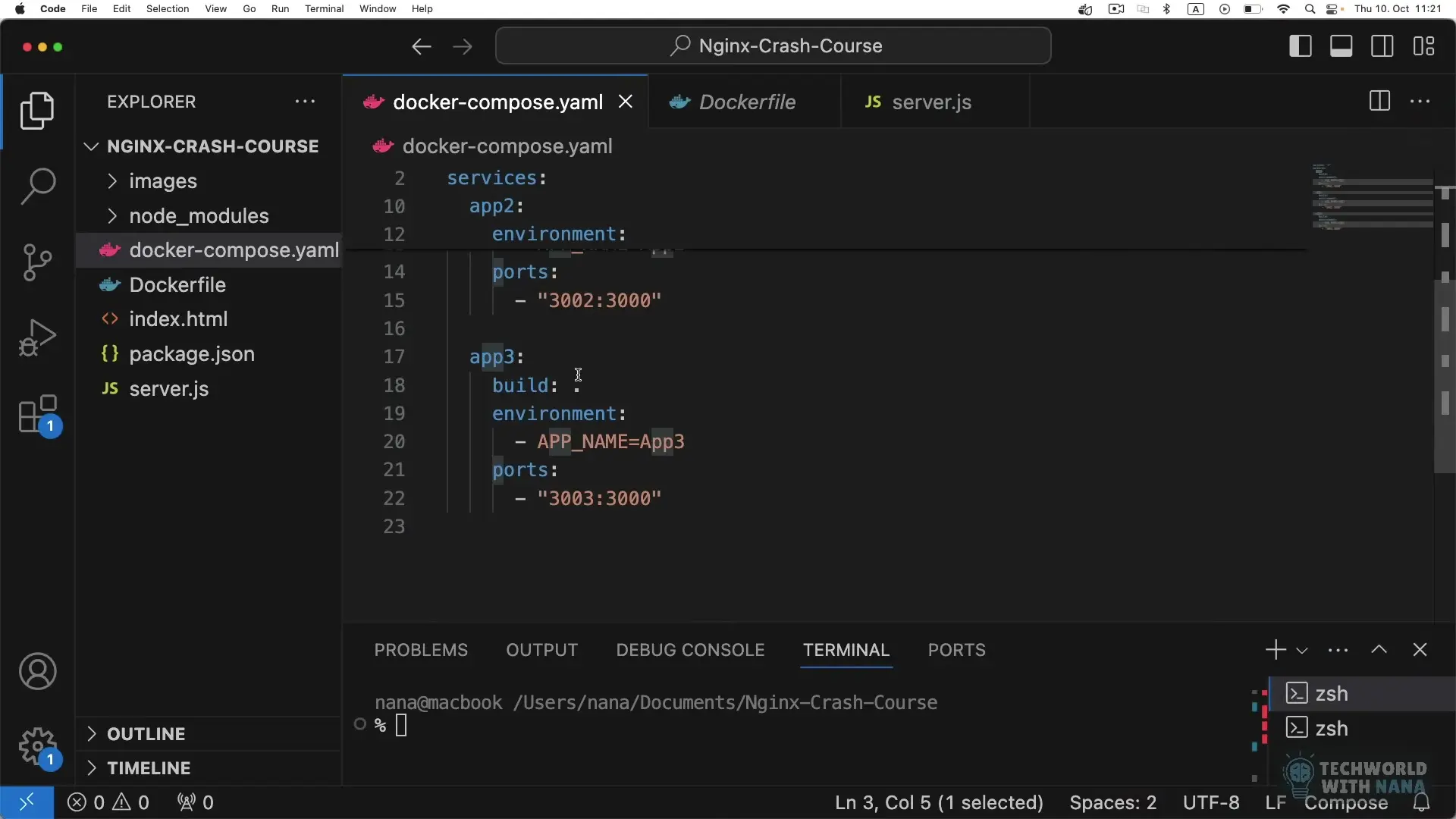 Docker Compose configuration showing service definitions for the NGINX reverse proxy project with port mappings for containerized Node.js applications