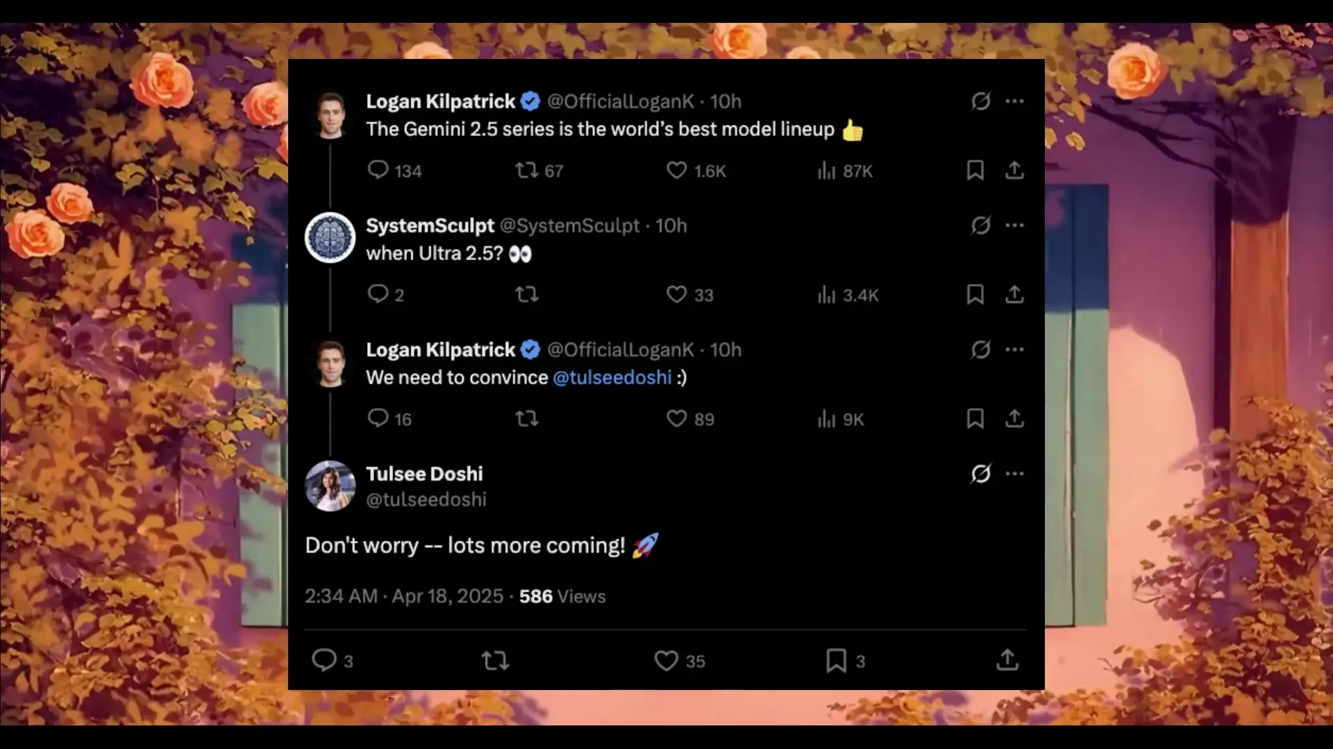 Google engineers discussing the upcoming Gemini 2.5 Ultra model, with Tulsee Doshi hinting at exciting new features coming soon