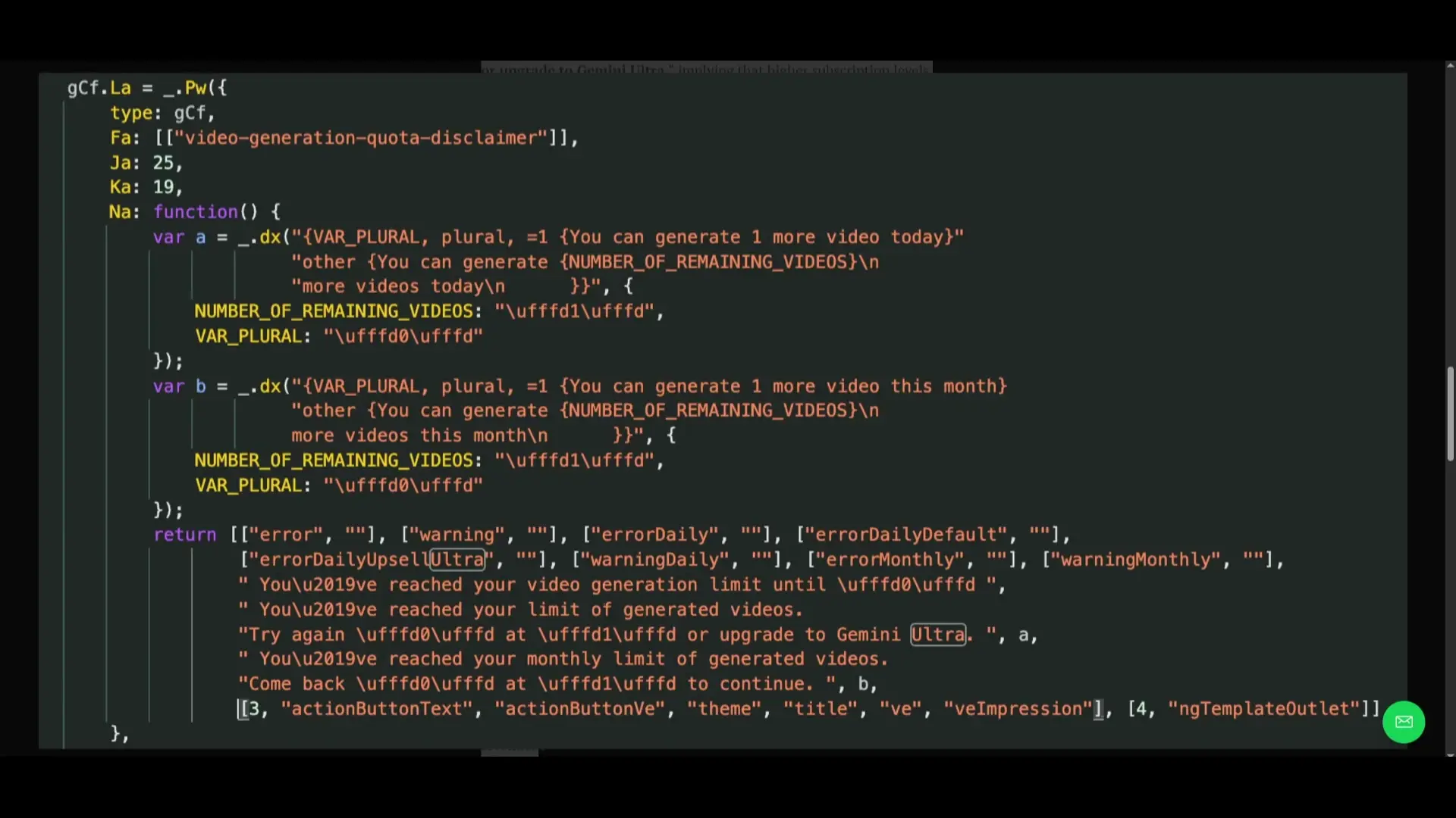 Code snippet revealing Gemini's video generation quota system with references to an "Ultra" tier, showing how Google is integrating advanced features into their subscription model