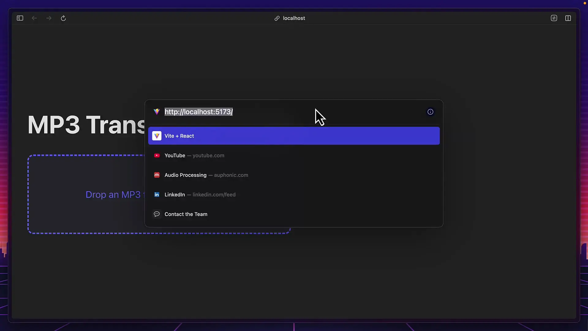 The completed audio transcription application running on localhost with drag-and-drop functionality