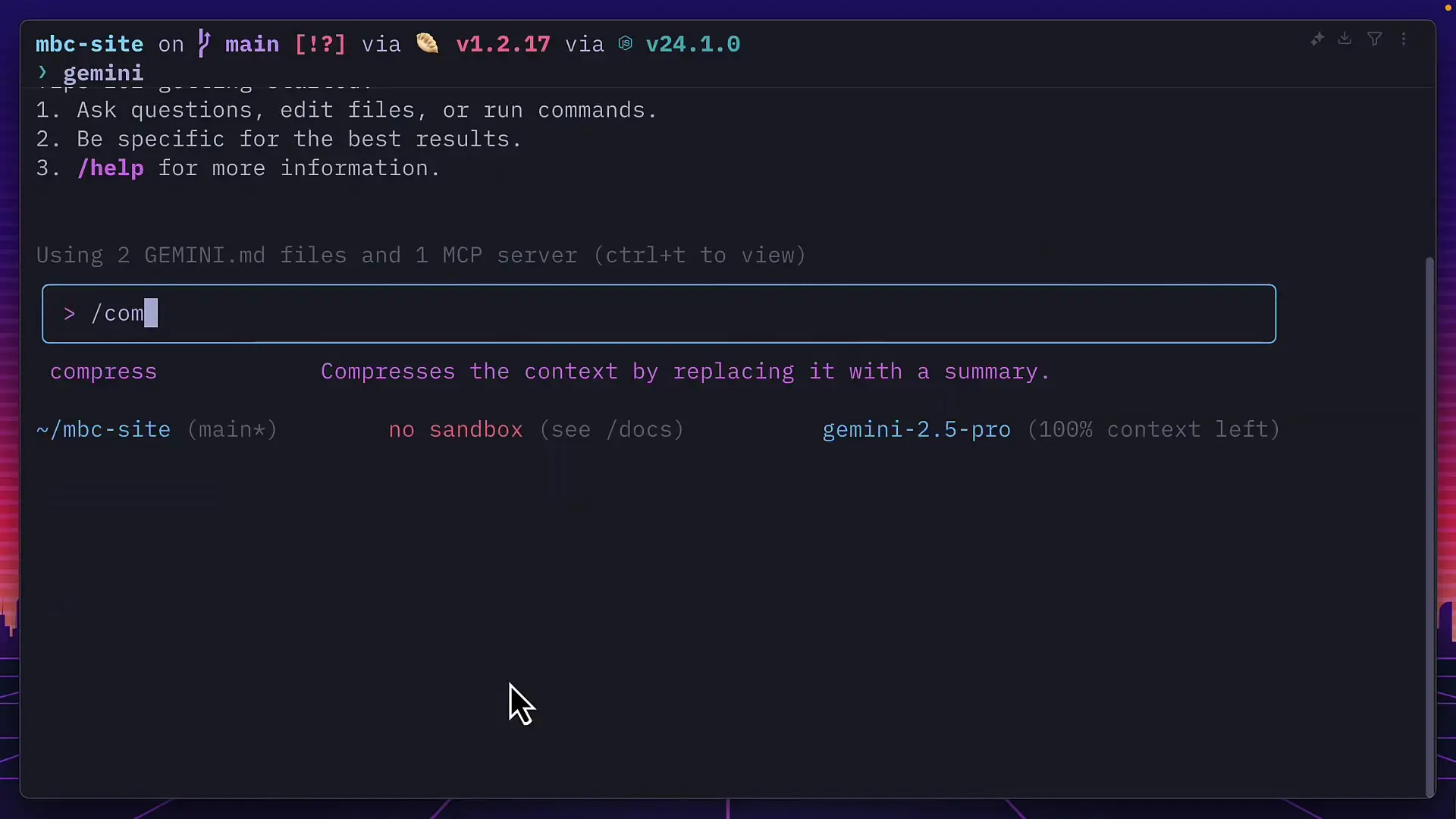 Gemini CLI interface showing file management capabilities and command syntax