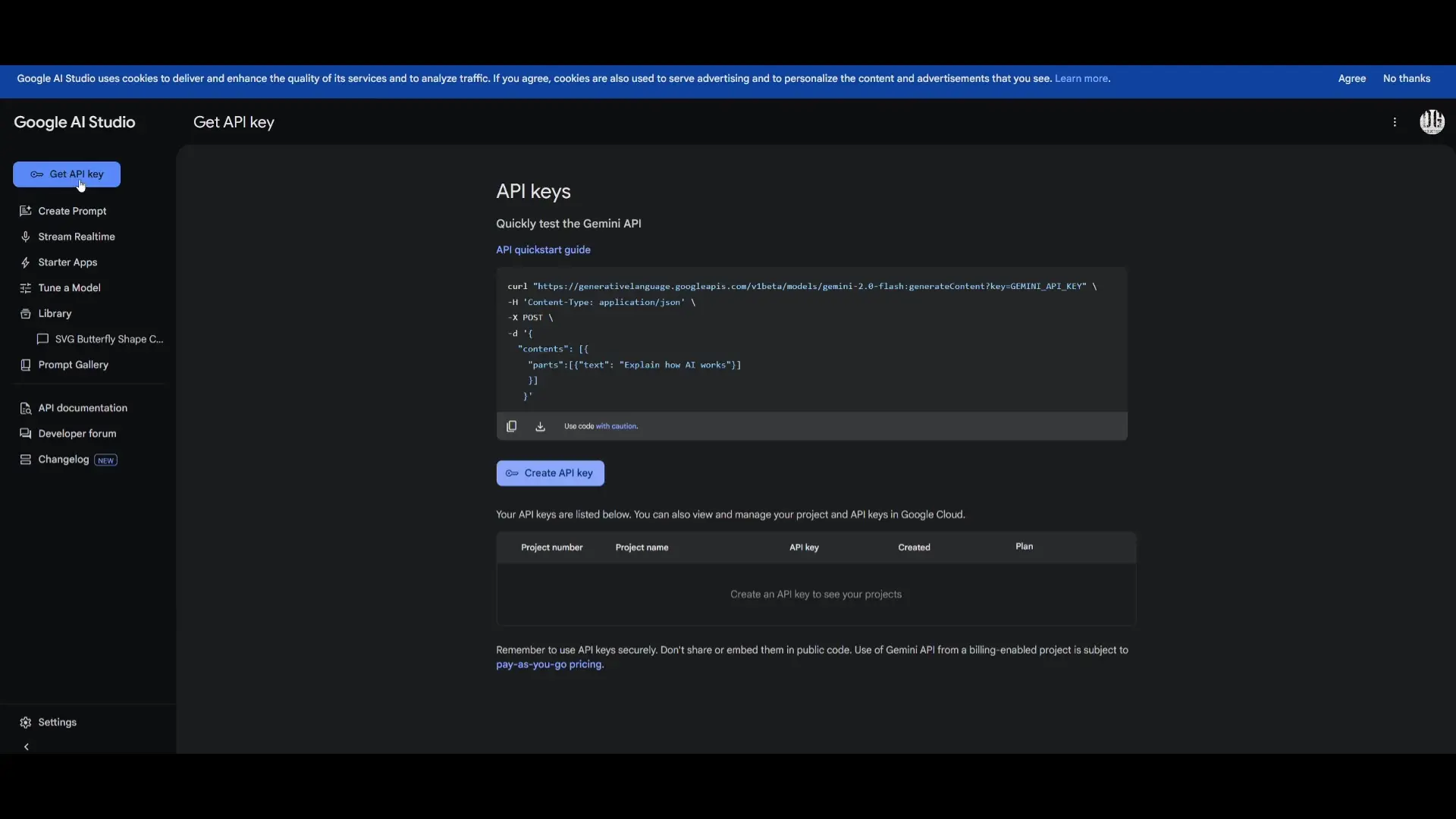 The Google AI Studio interface where you can create your API key for Gemini Code