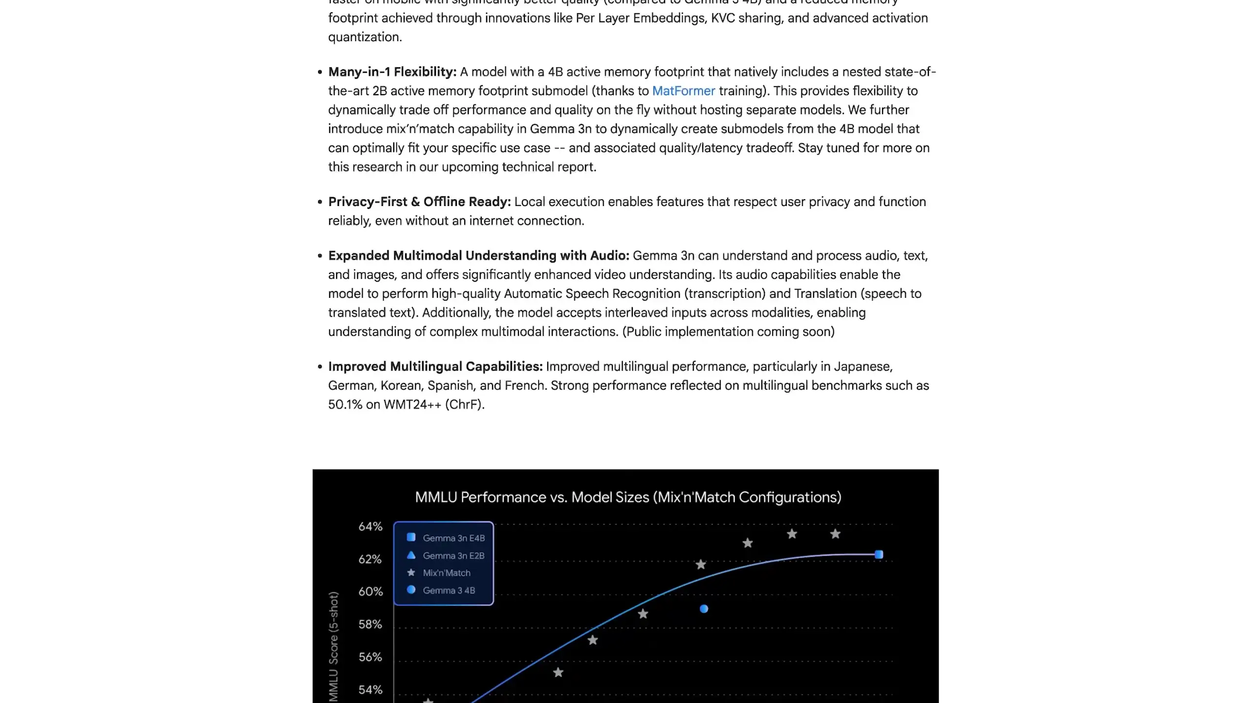 Performance comparison showing how Gemma 3N's Mix'n'Match architecture delivers superior results compared to traditional models of similar parameter sizes