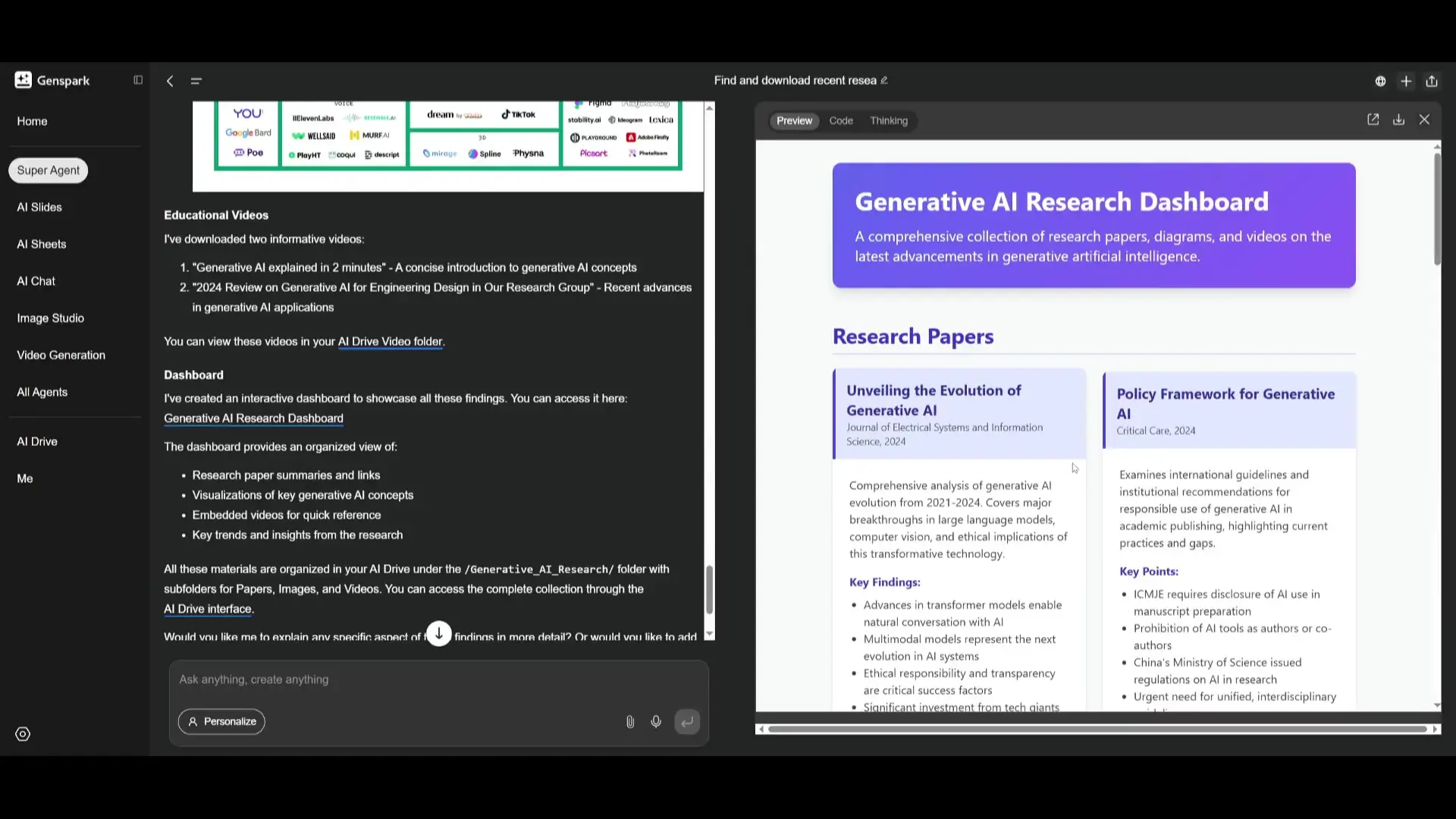 GenSpark's Generative AI Research Dashboard showcasing its ability to autonomously collect, organize, and present research papers with supporting visuals and multimedia content.