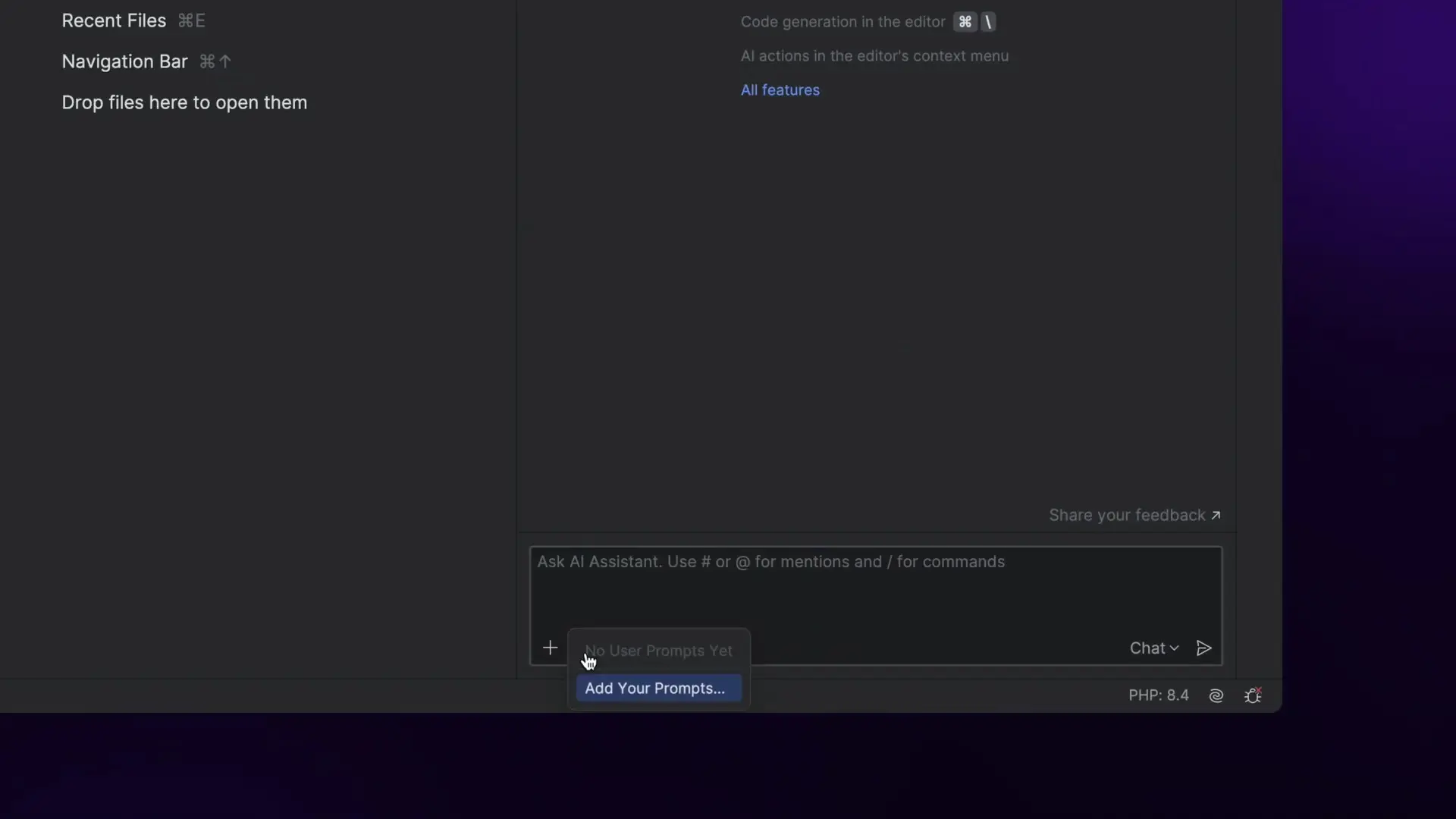 JetBrains AI Assistant panel in PhpStorm showing the chat interface with code generation options and contextual prompts for developers