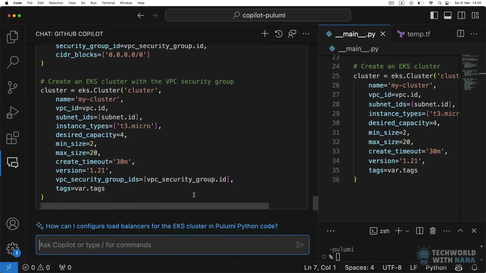 GitHub Copilot suggesting security group configurations for AWS infrastructure code