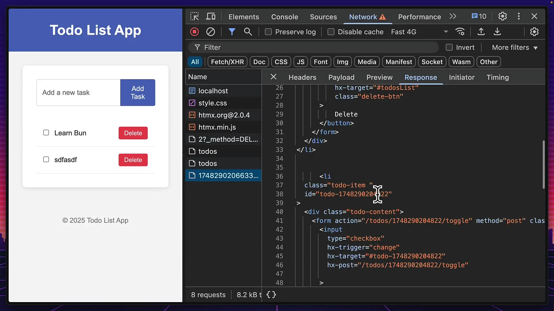 HTMX implementation showing HTML attributes that enable AJAX functionality with minimal JavaScript in a Todo List application