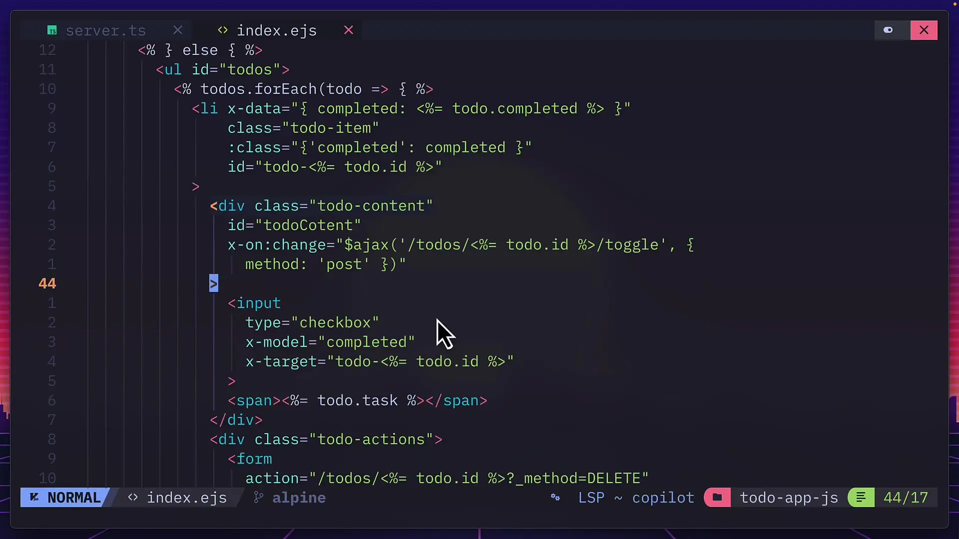 Alpine Ajax implementation in a todo app showing x-data attributes and form handling with minimal JavaScript code