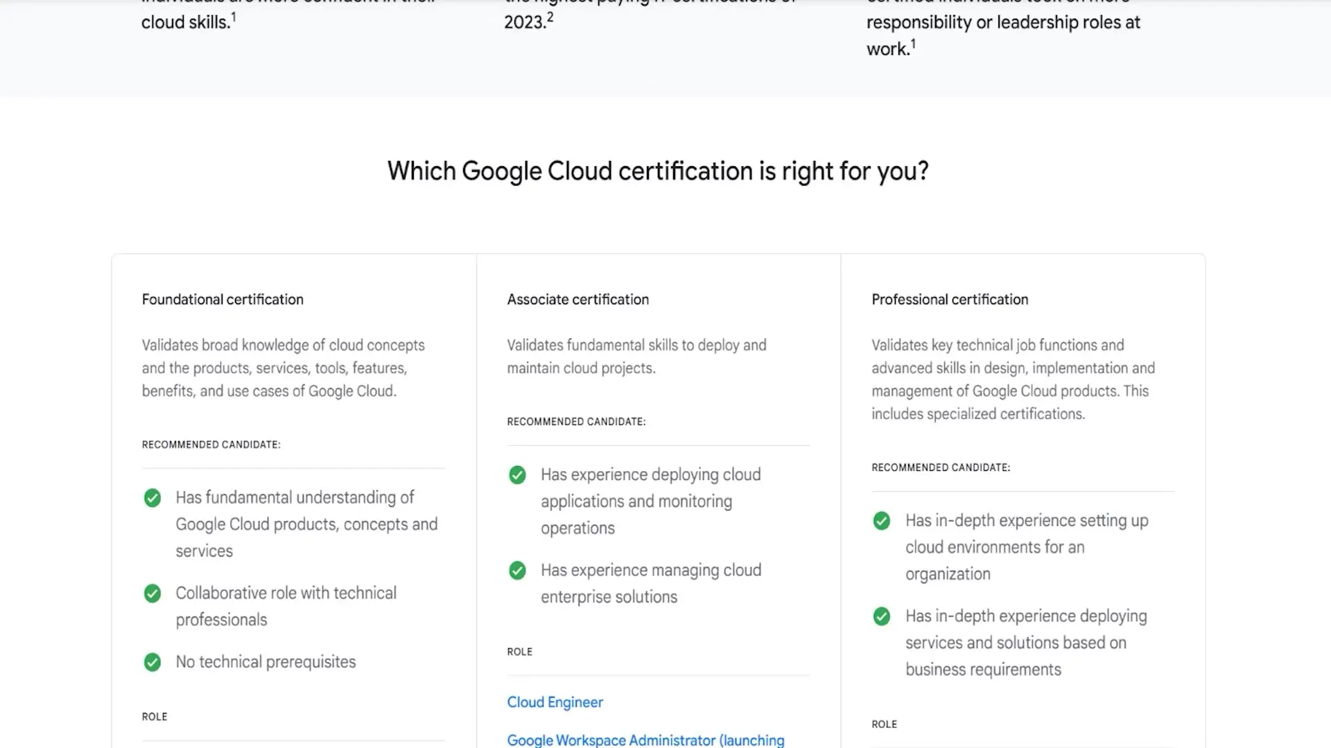 Google Cloud certification levels range from foundational to professional, with the new Data Practitioner at the associate level