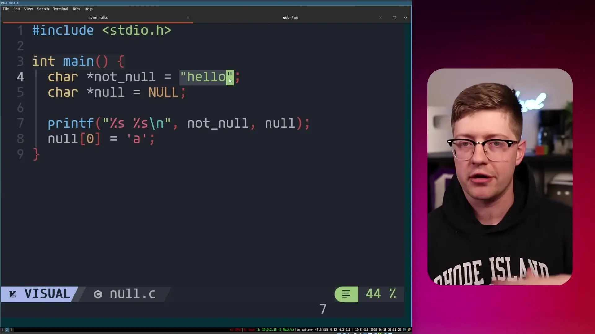 A pointer stores the memory address of data, while a null pointer has no valid memory reference
