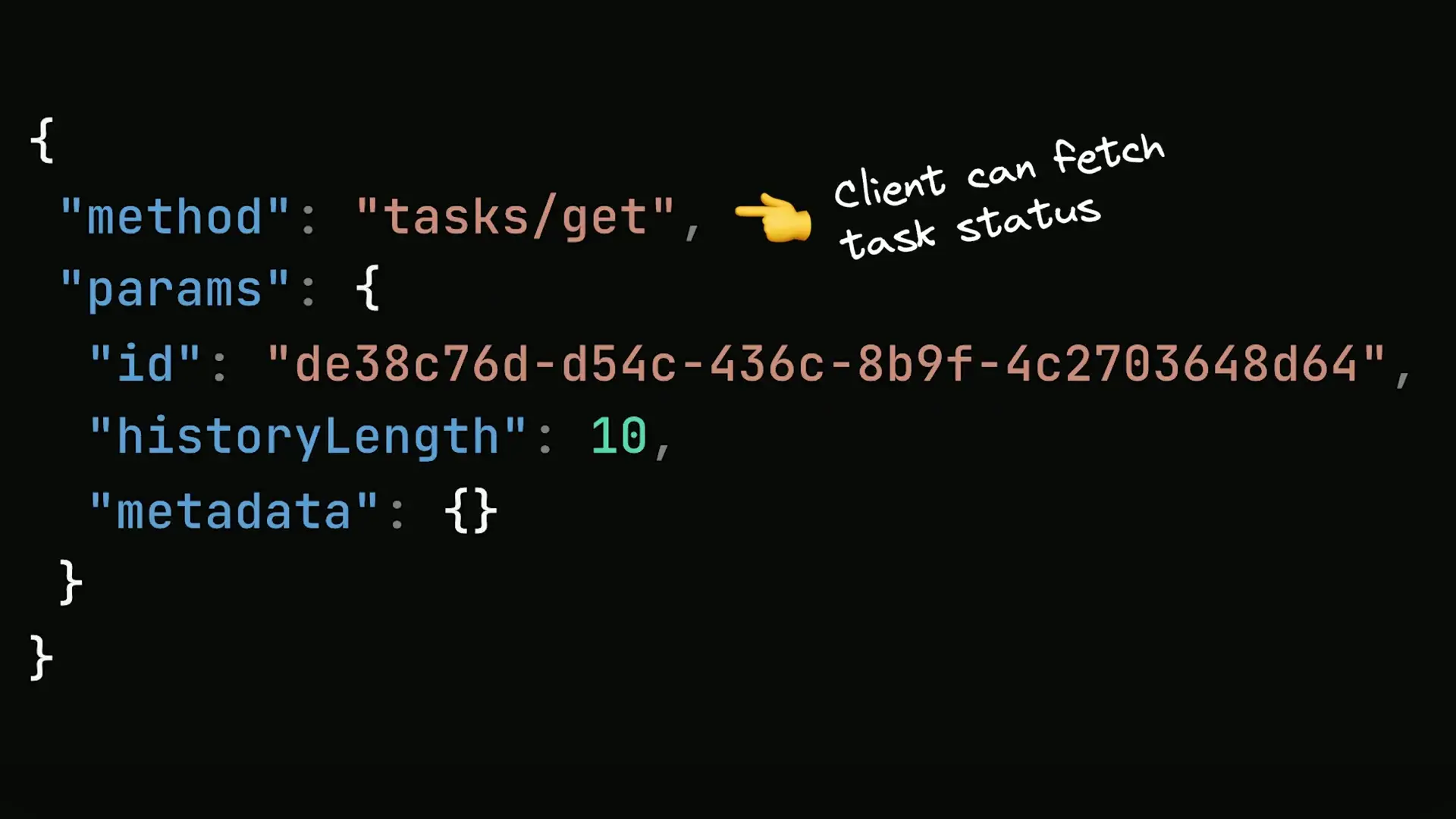 JSON RPC format example showing how the A2A protocol structures task status requests and responses between AI agents