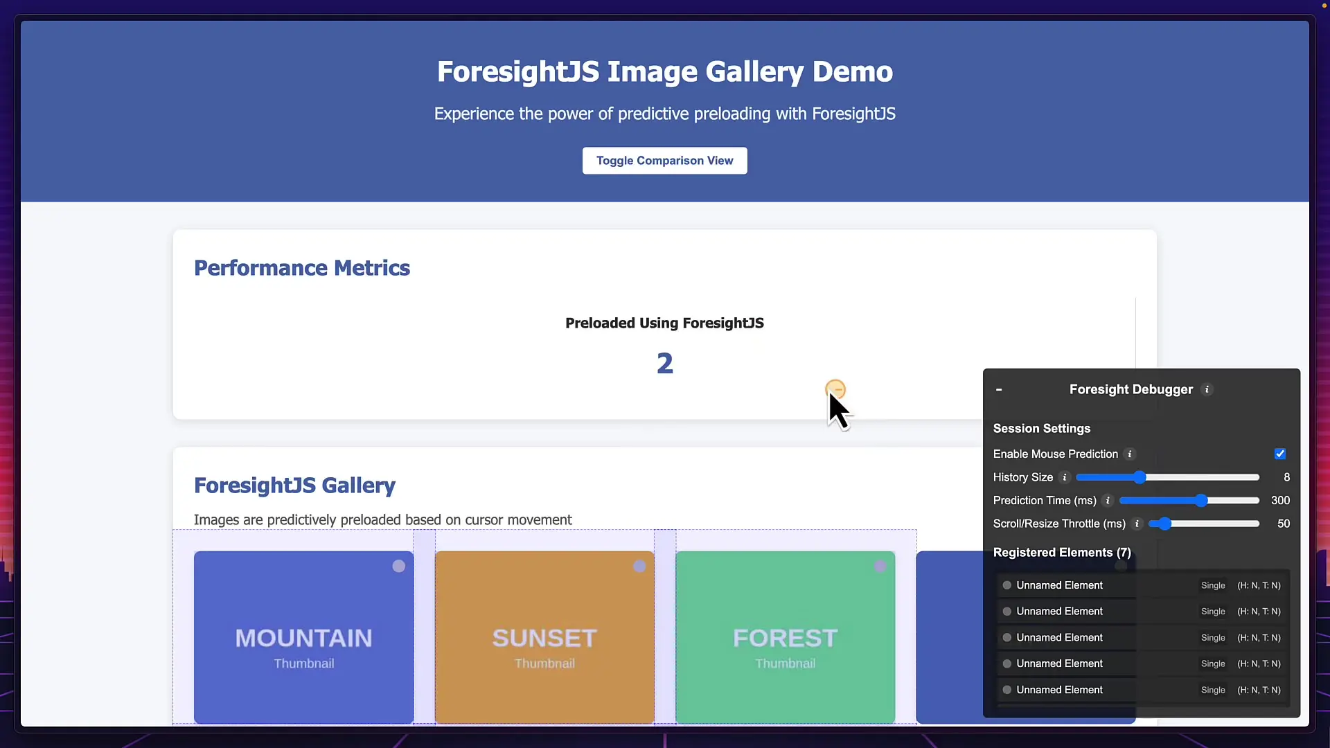 ForesightJS in debug mode showing prediction trajectories and hit slop areas, allowing developers to visualize and fine-tune the prediction sensitivity.