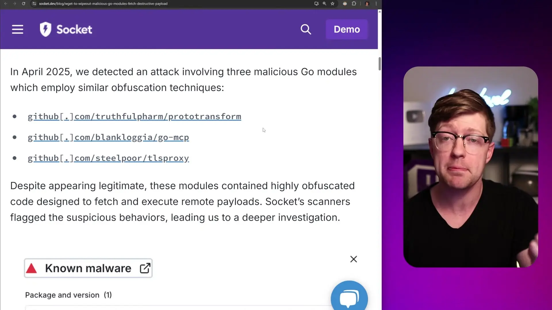 Security analysis showing the three malicious Go modules (go-prototransform, go-mcp, and tls-proxy) that contained obfuscated disk-wiping code designed to destroy data on infected systems.
