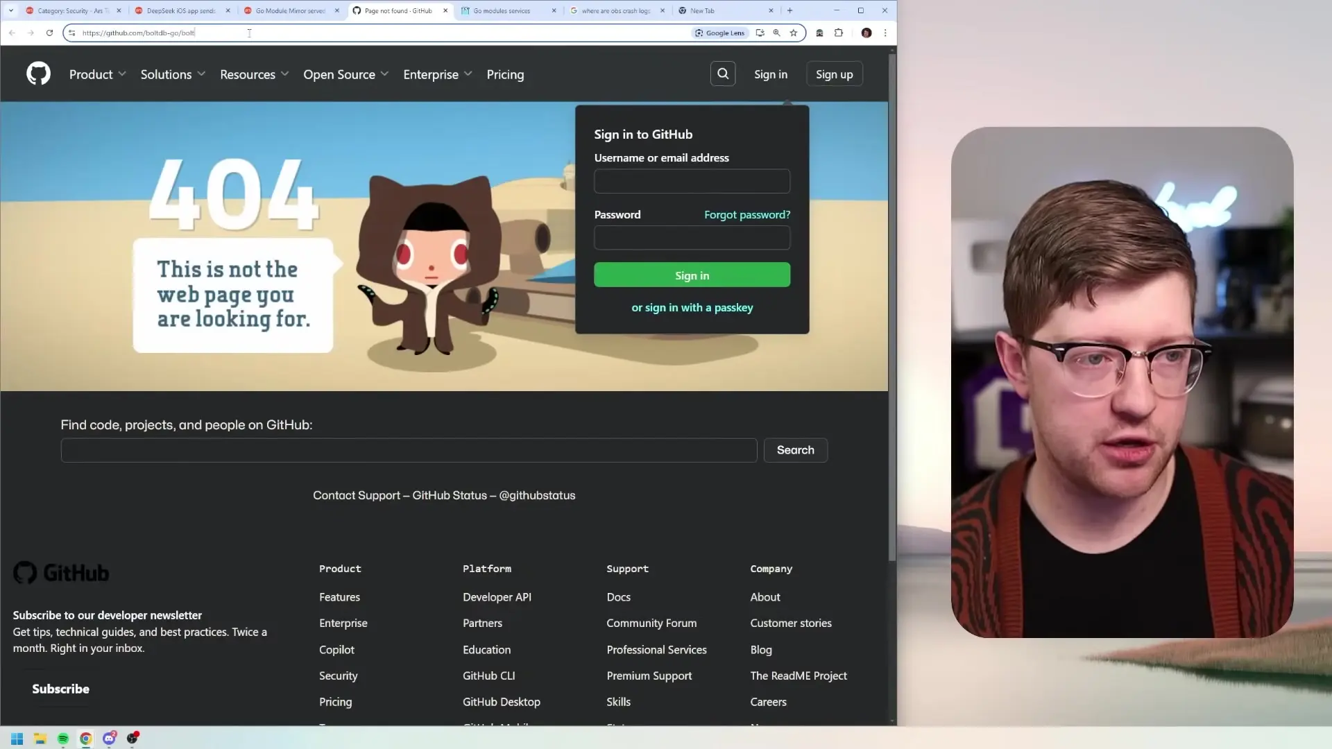 GitHub's 404 page shown after the malicious repository was finally removed, following security researchers' reports about the Go module backdoor that had been active for over three years