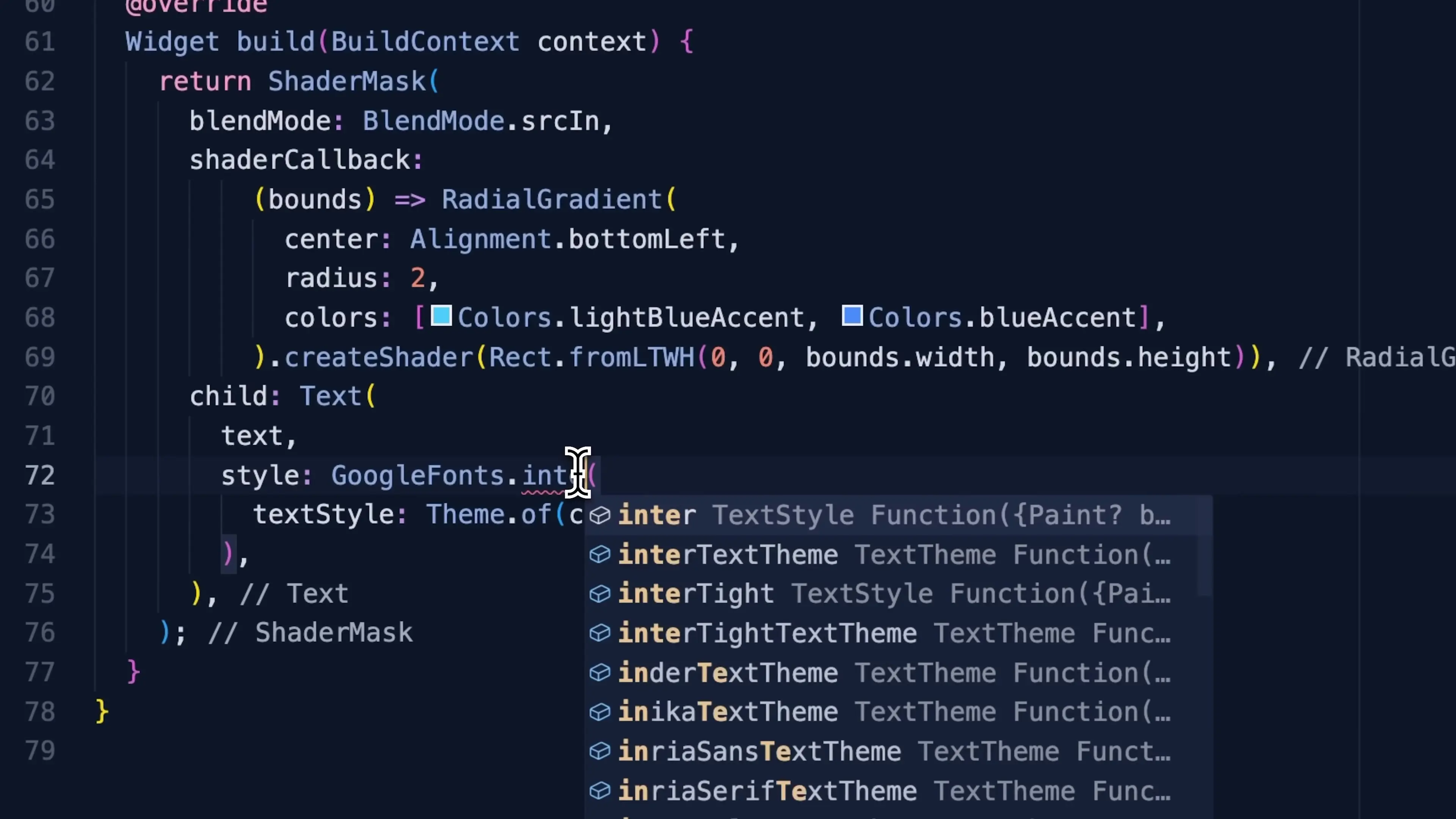 Example of Flutter widget implementation showing how code structure translates to UI elements with gradient effects