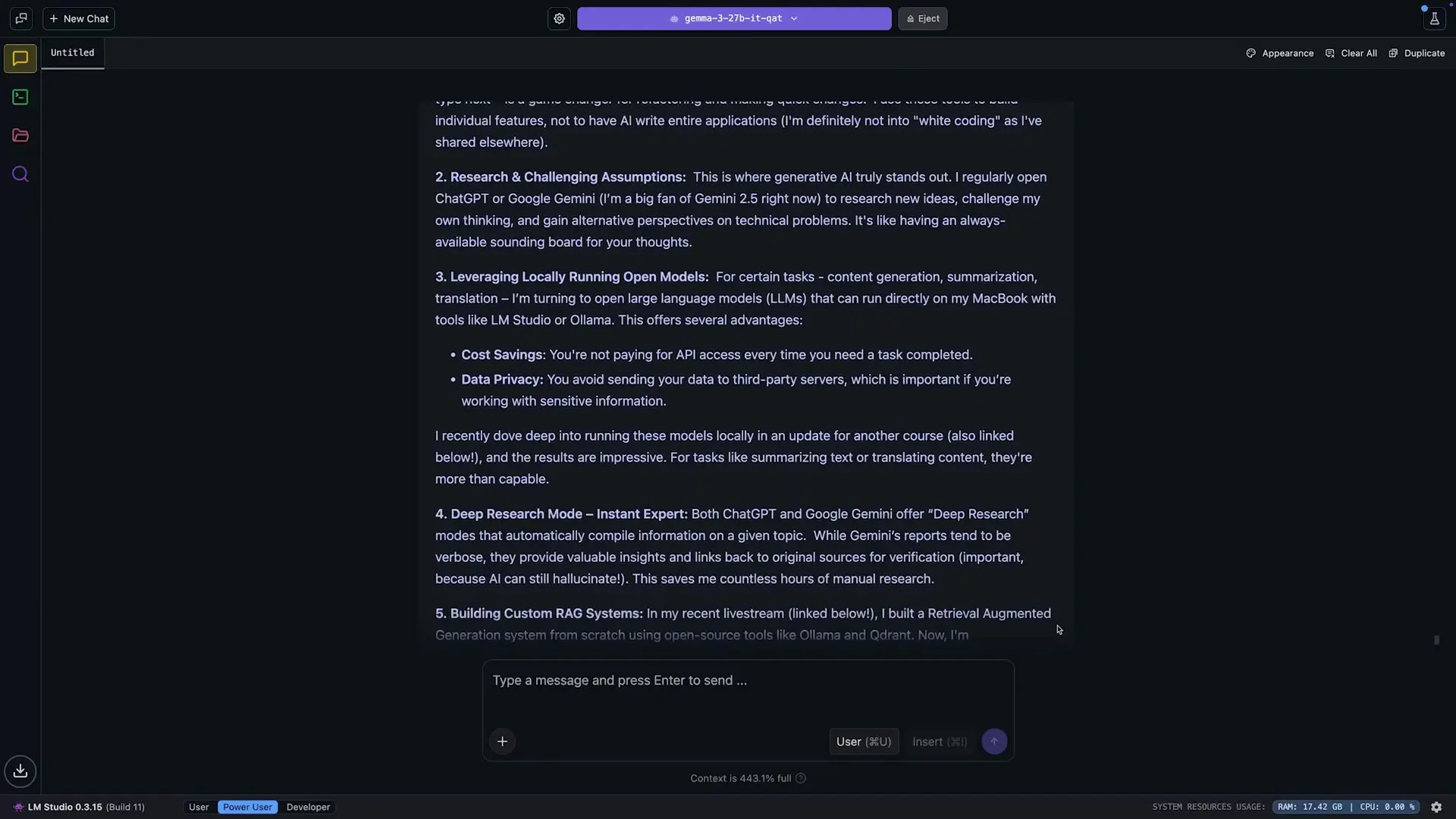 A detailed overview of practical LLM applications including research capabilities, locally running models, and custom RAG systems that developers can integrate into their daily workflow