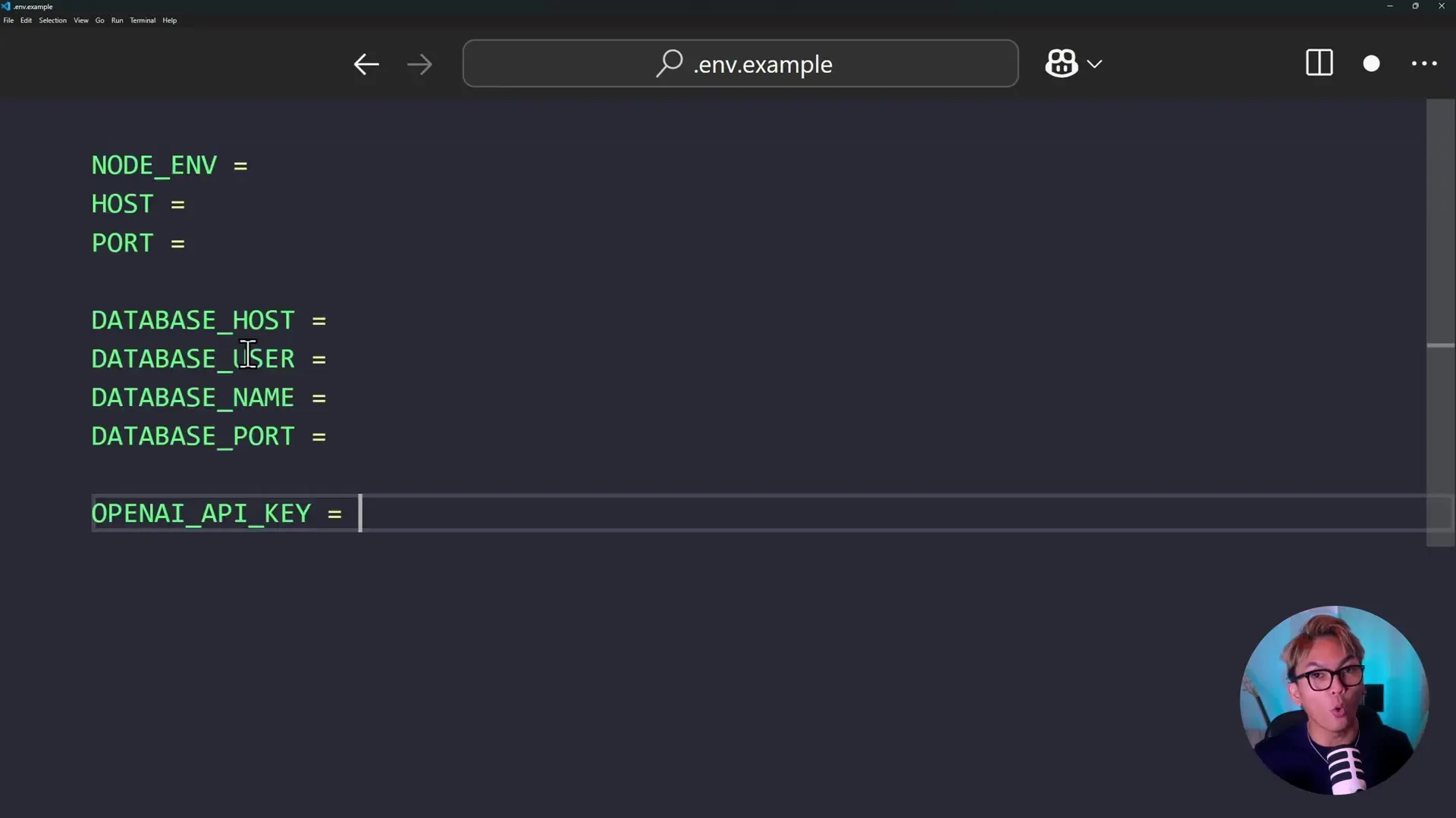 Example of a properly formatted env.example file with variable names but no sensitive values