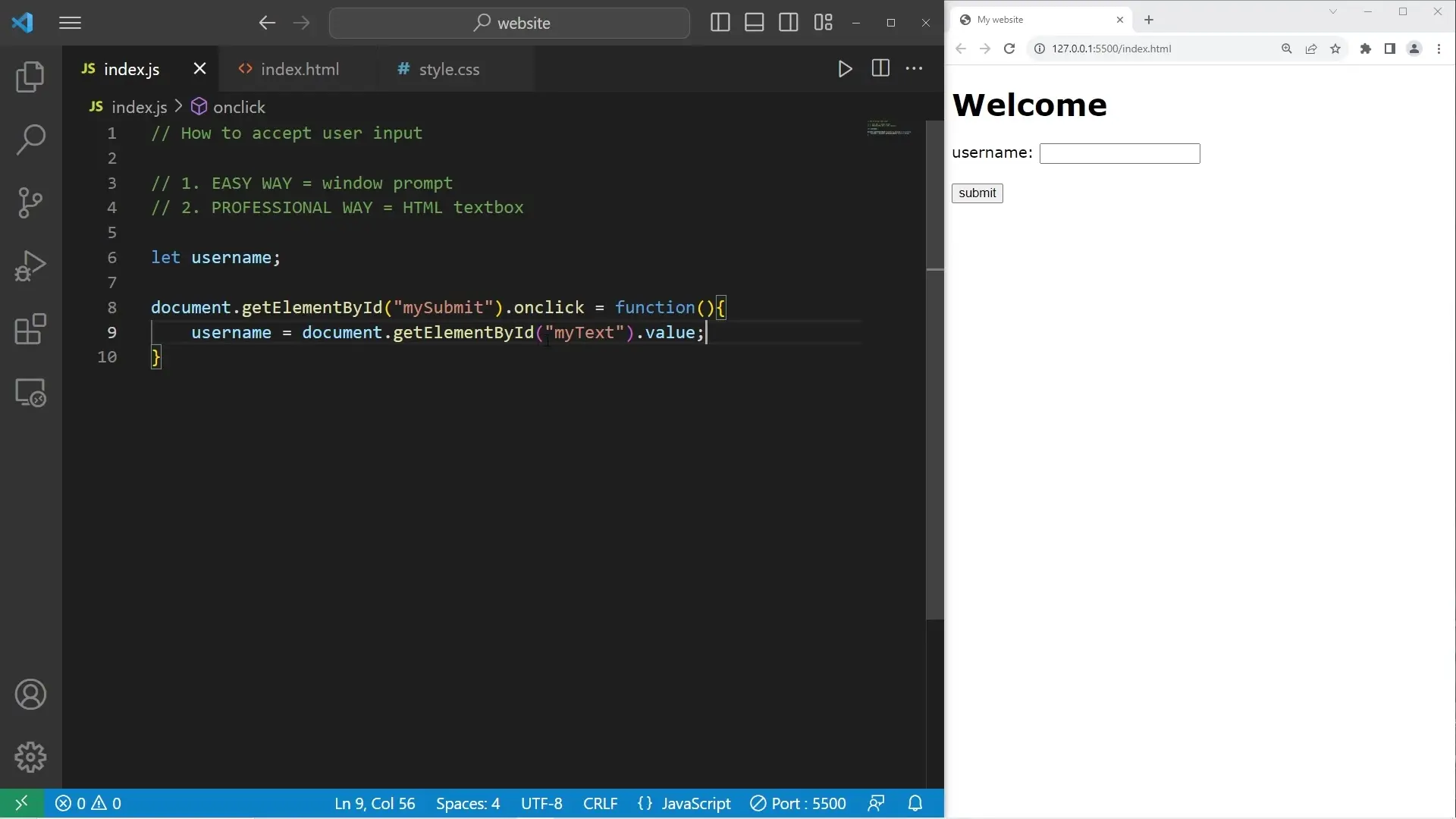 JavaScript event handling to process user input when submit button is clicked