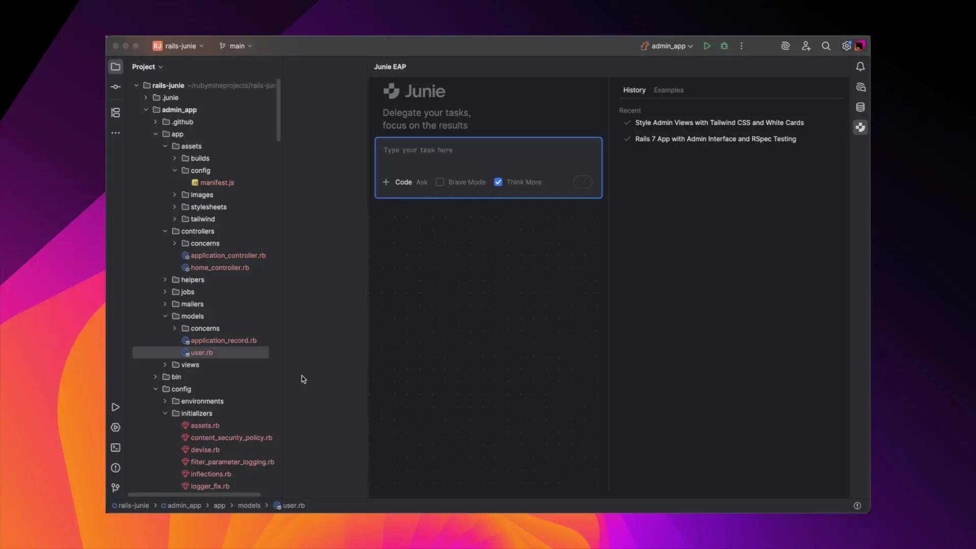 Using Ask Mode in Juny to get feedback and recommendations for Rails admin dashboard implementation