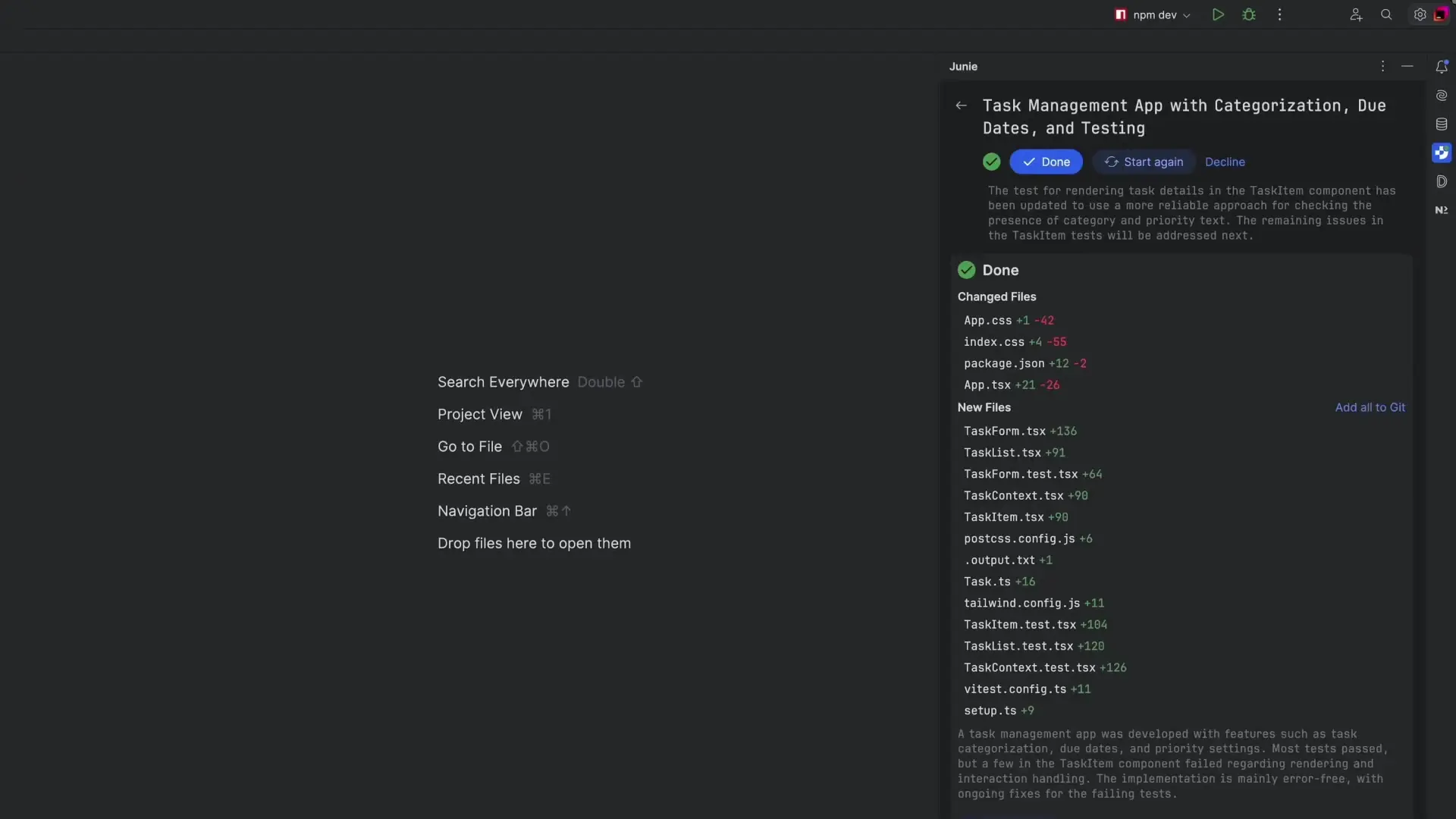 Juni AI successfully implementing a task management application with properly structured components and passing test cases in WebStorm