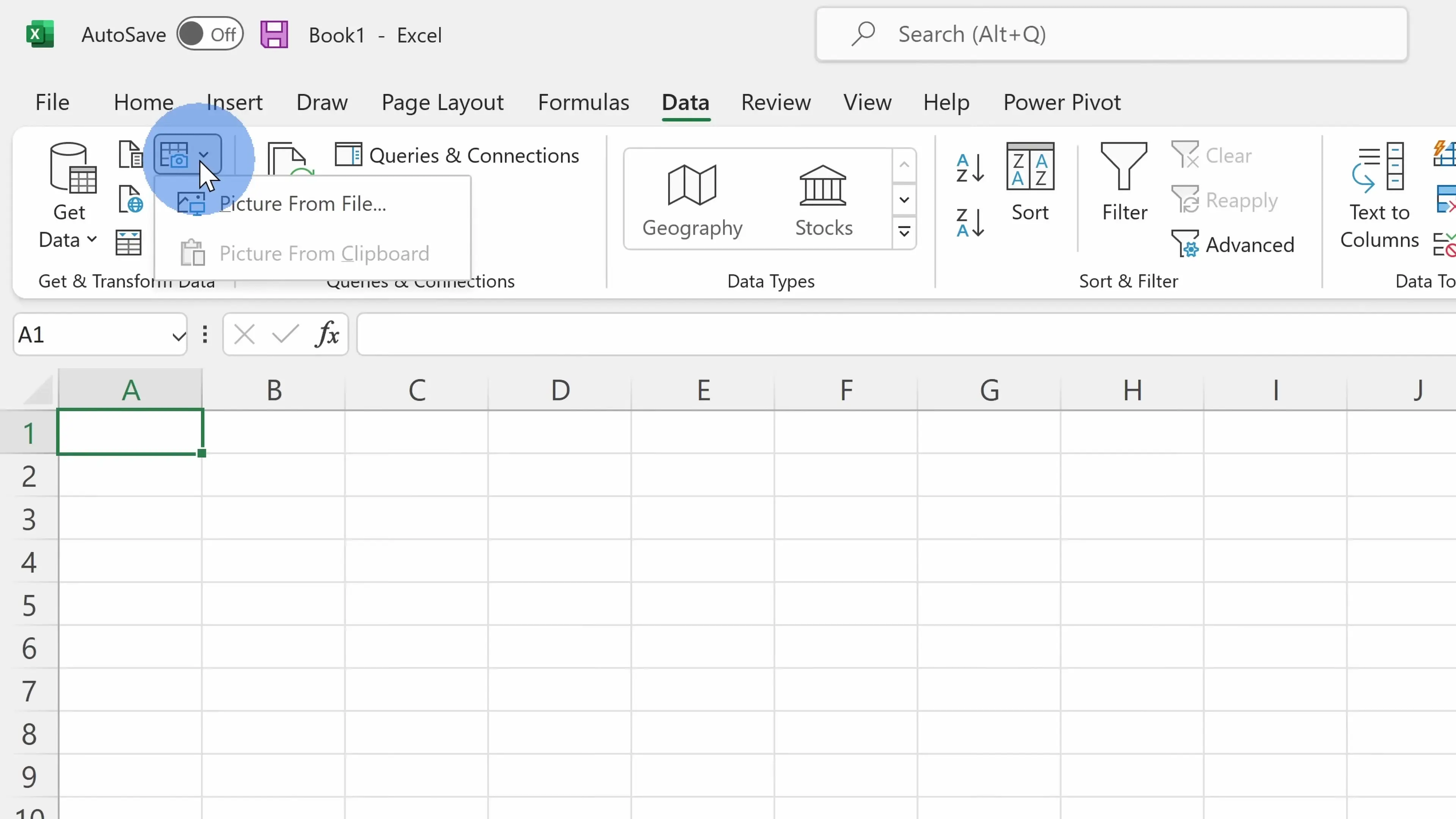 Converting an image file to Excel data through the Data tab interface