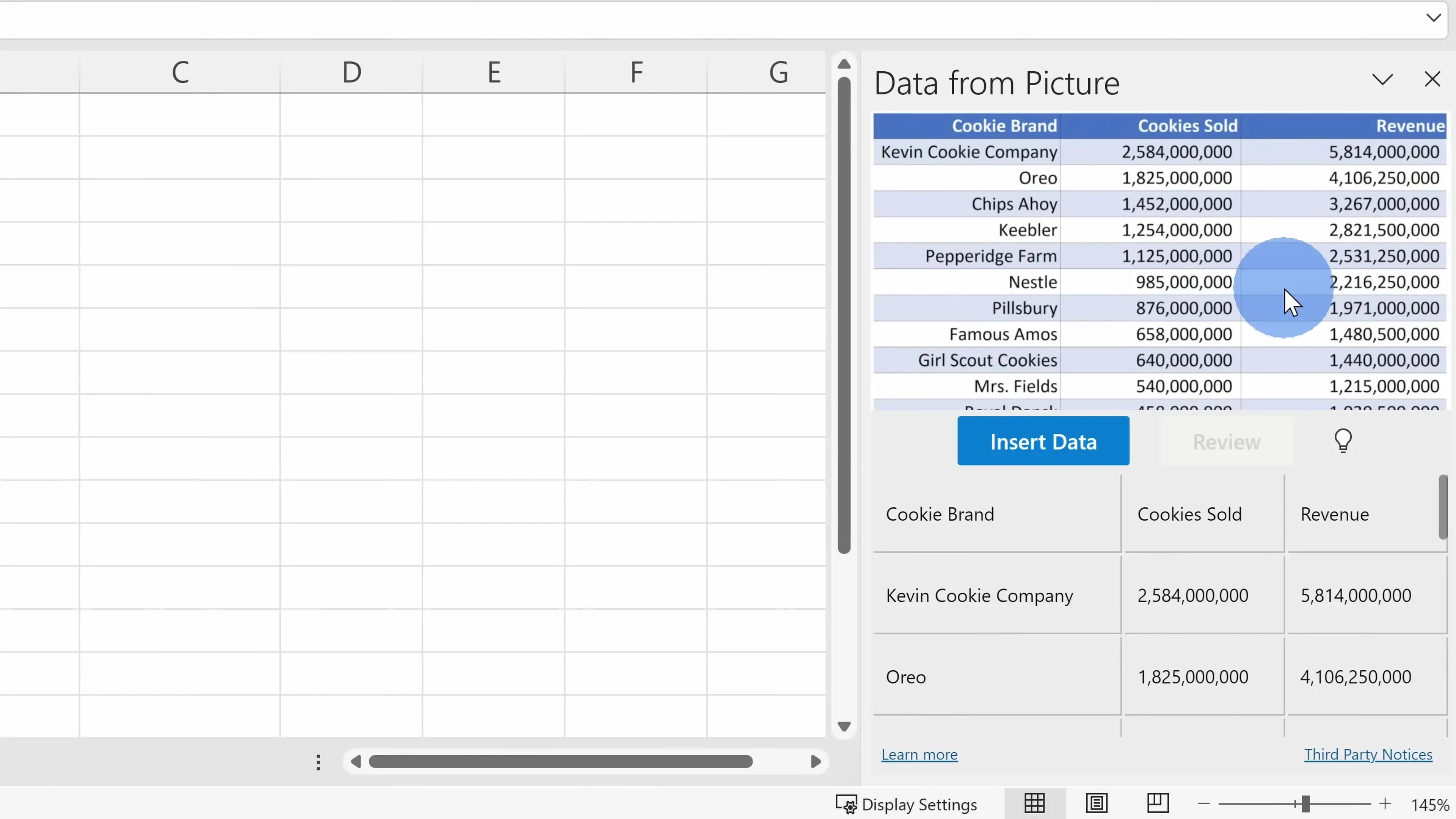 Converting a screenshot of tabular data directly into Excel