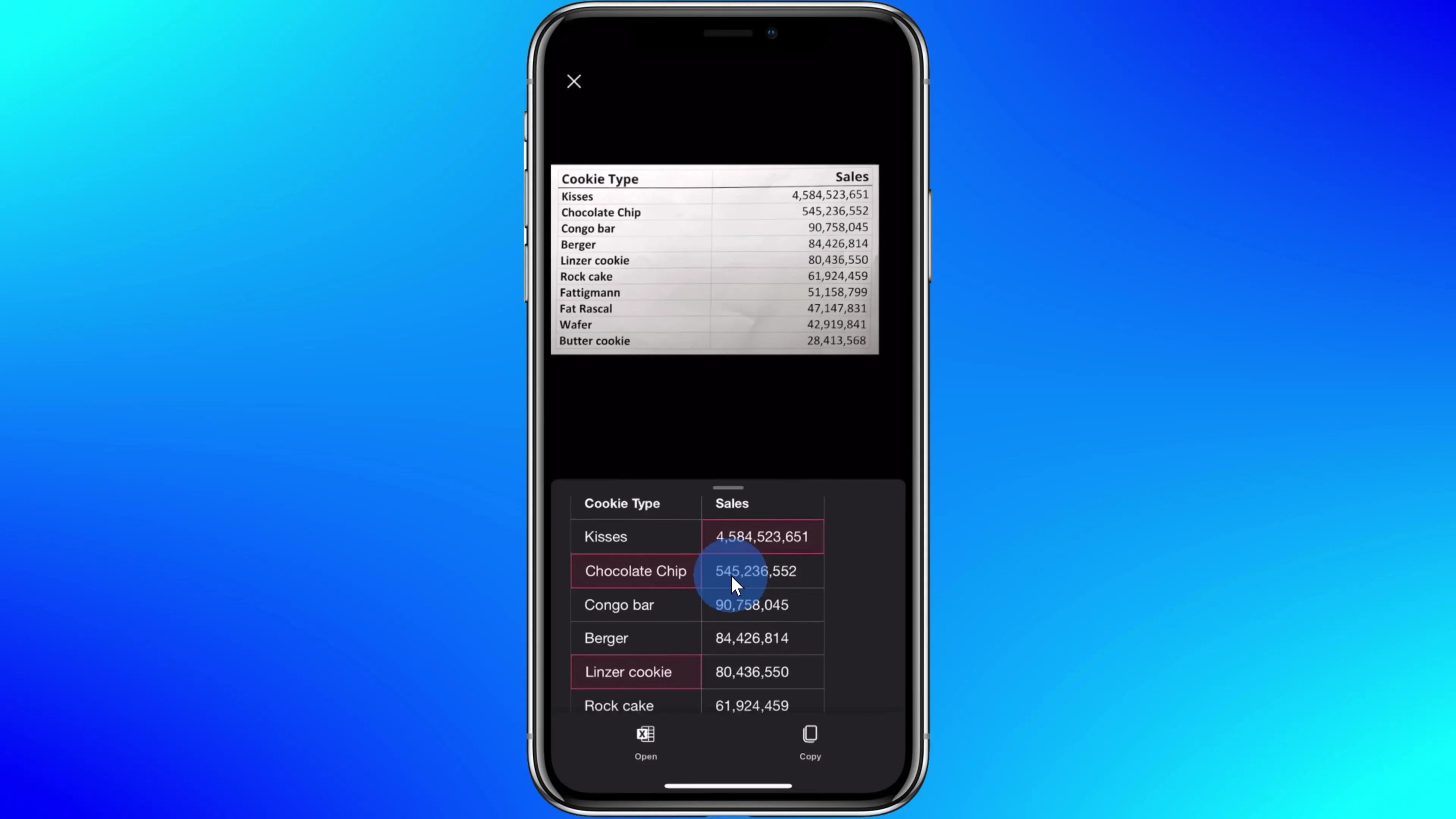 Using the Office mobile app to convert a photo to Excel data on smartphones