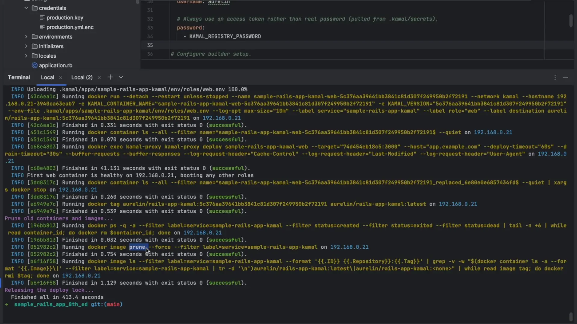 Terminal output showing a successful Rails application deployment with Kamal, displaying the Docker container operations and configuration details throughout the process
