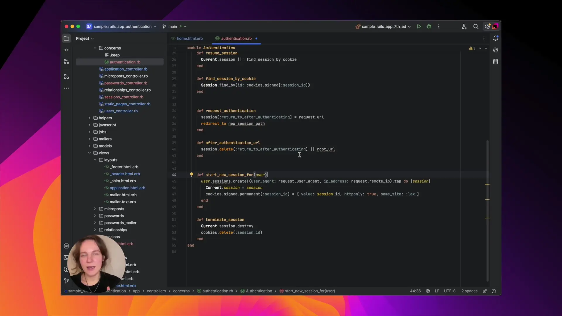 Authentication concern handling session management in Rails 8