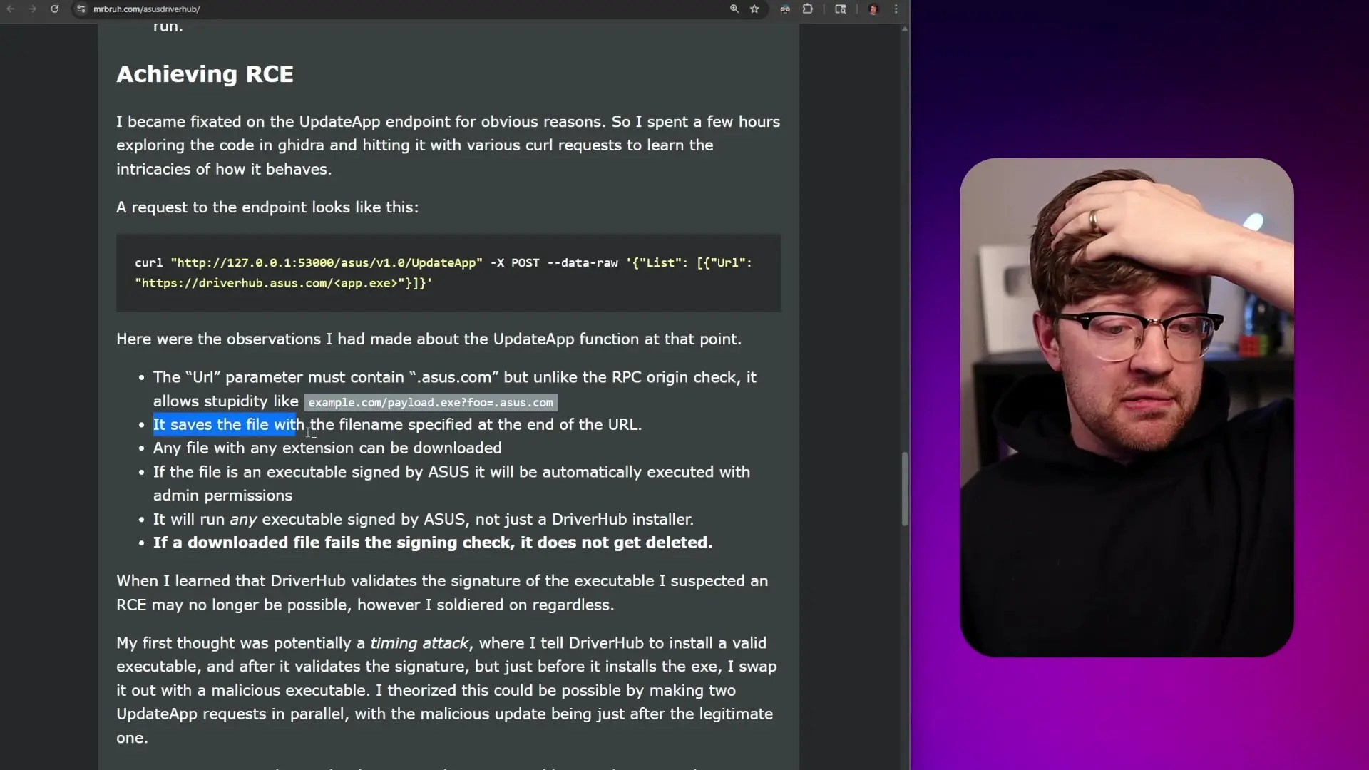 The vulnerable code saves files with any name specified in the URL, creating additional security risks