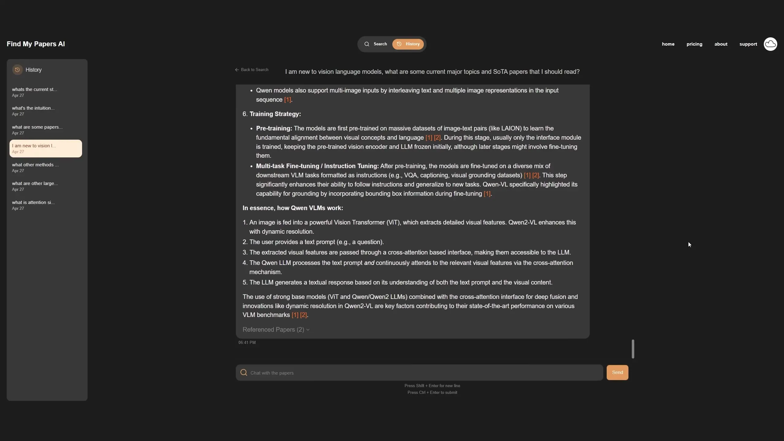 FindMyPapers.ai showing search results with sources attached during conversation for easy reference