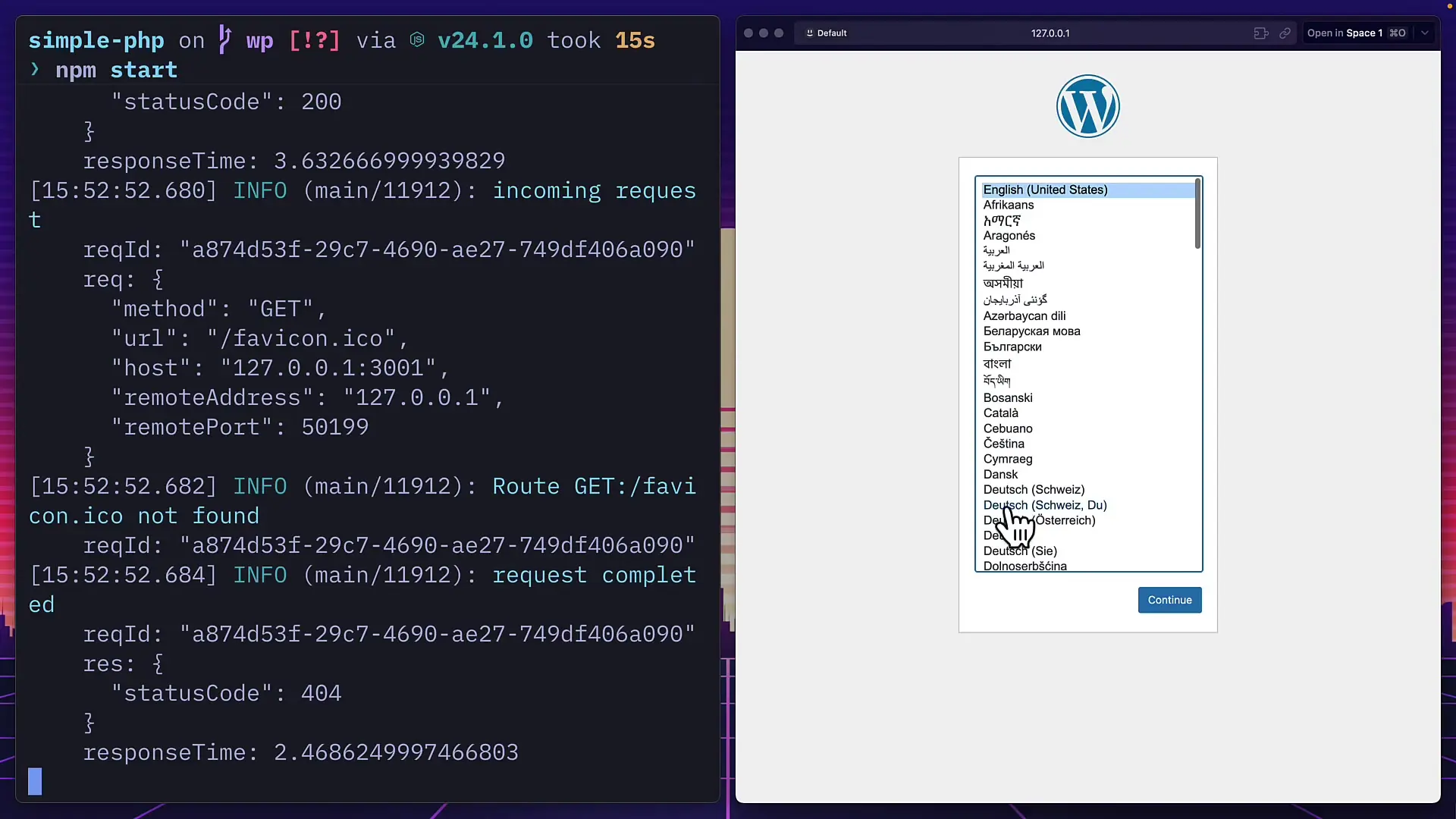 A fresh WordPress installation running through Node.js, demonstrating the PHP Node integration in action