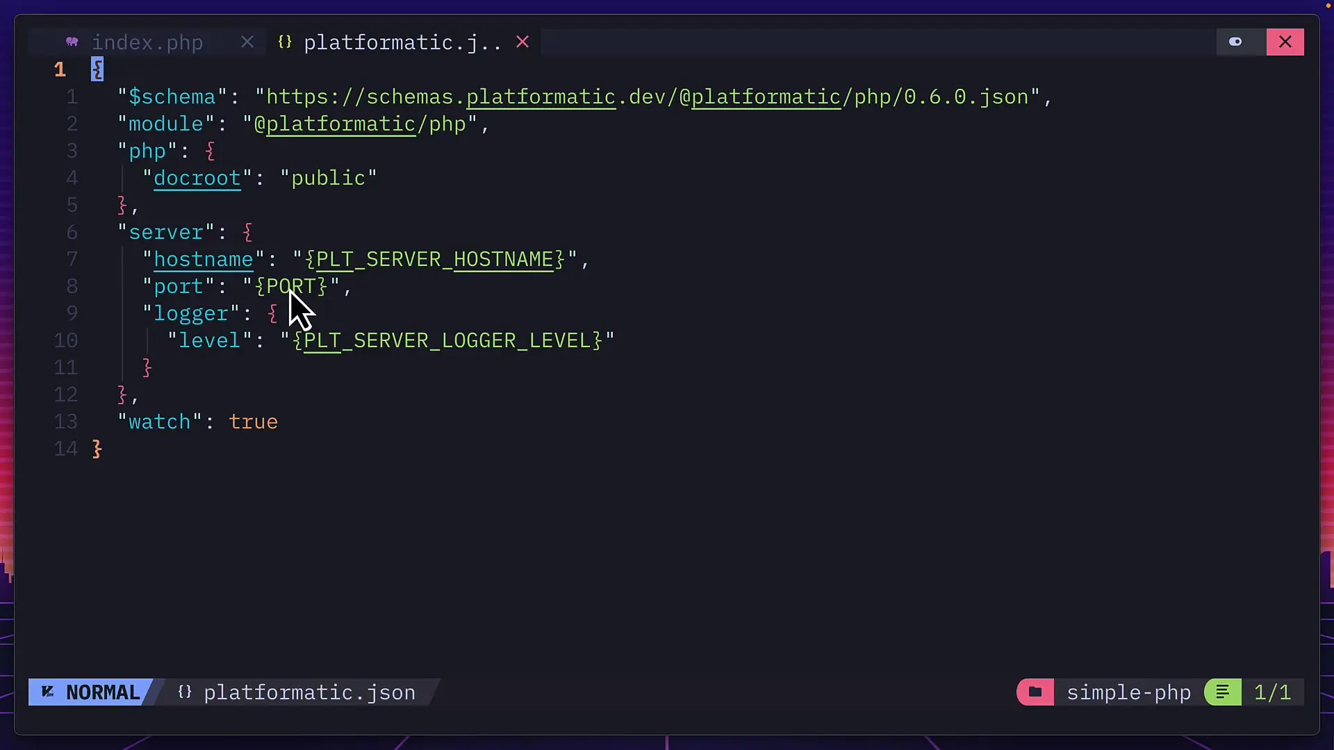 The platformatic.json configuration showing the PHP settings for WordPress integration with Node.js