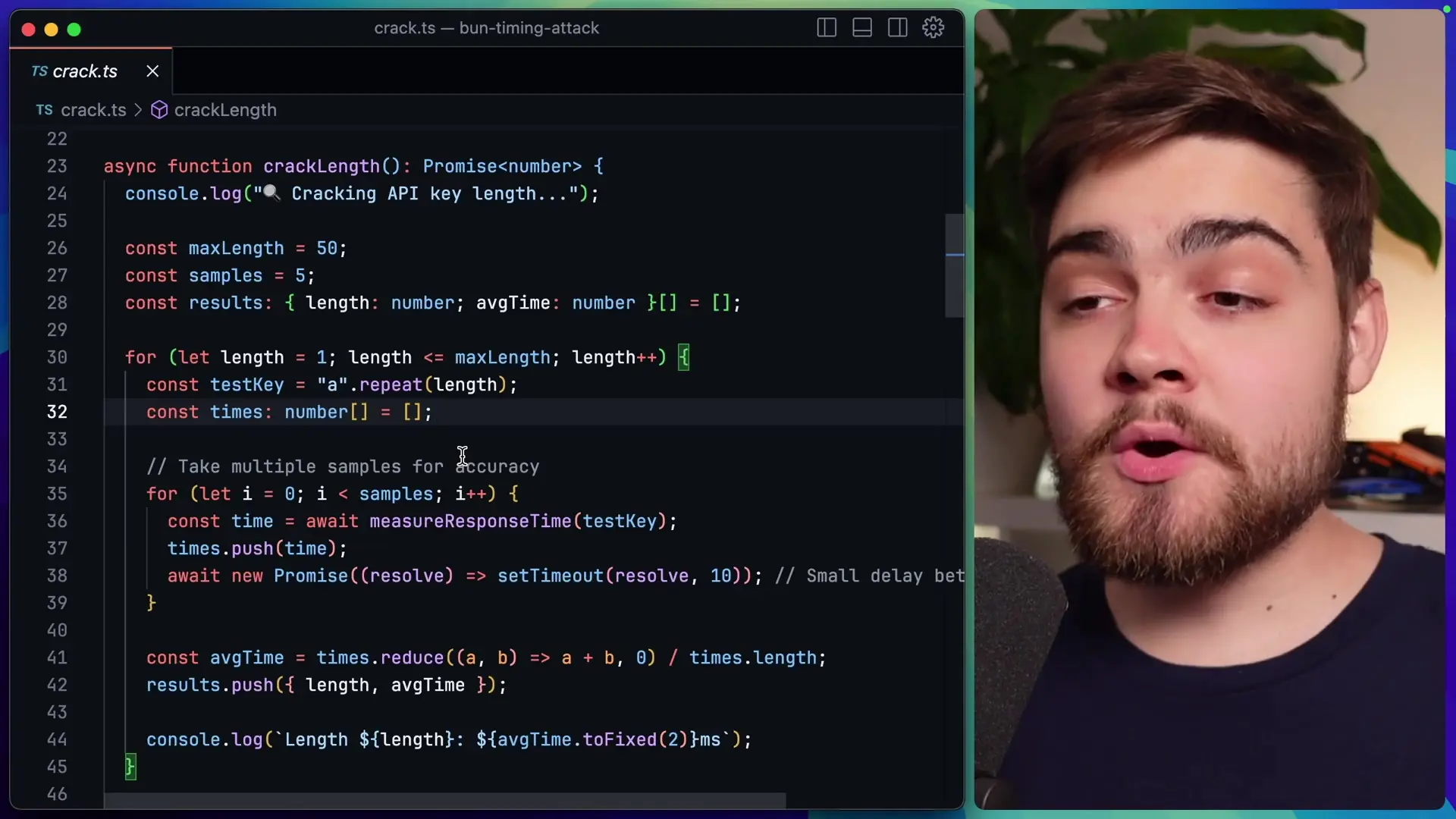Code showing a function that tests different API key lengths to find which one takes the longest to process