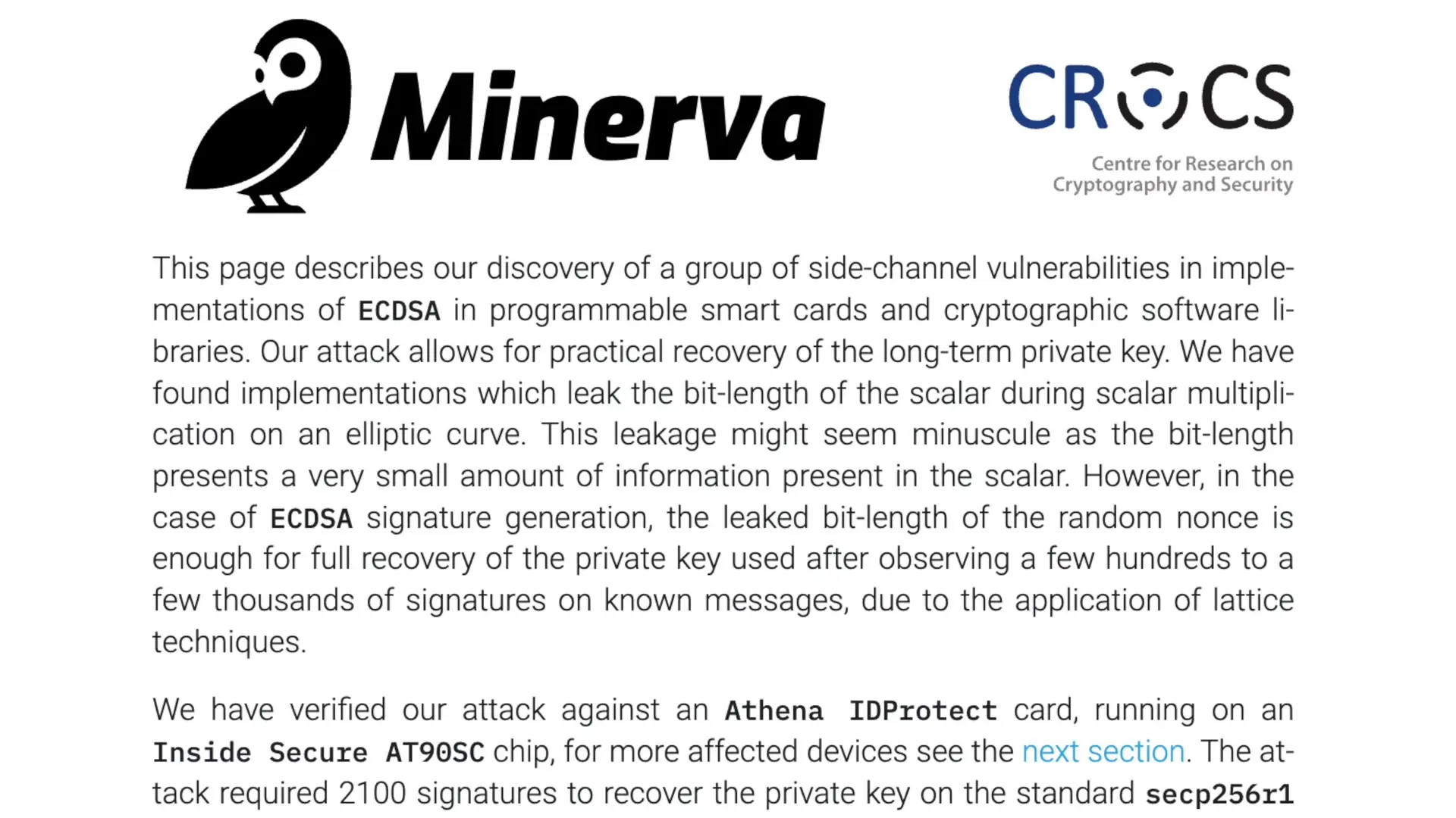 Description of the Minerva attack that can recover private keys by analyzing timing patterns in cryptographic operations
