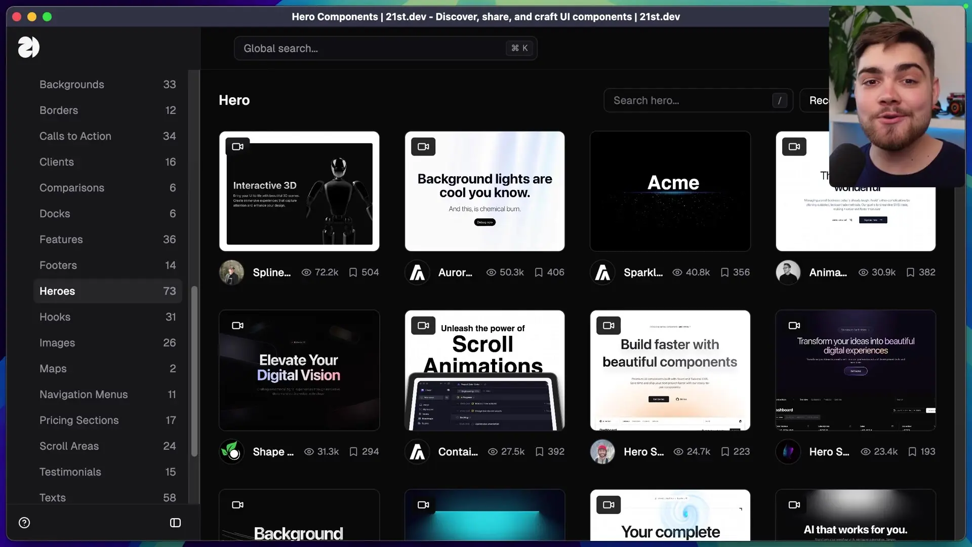 21st.dev's component library showcasing a variety of premium UI elements including interactive hero sections, background effects, and styled components that can elevate modern web applications.